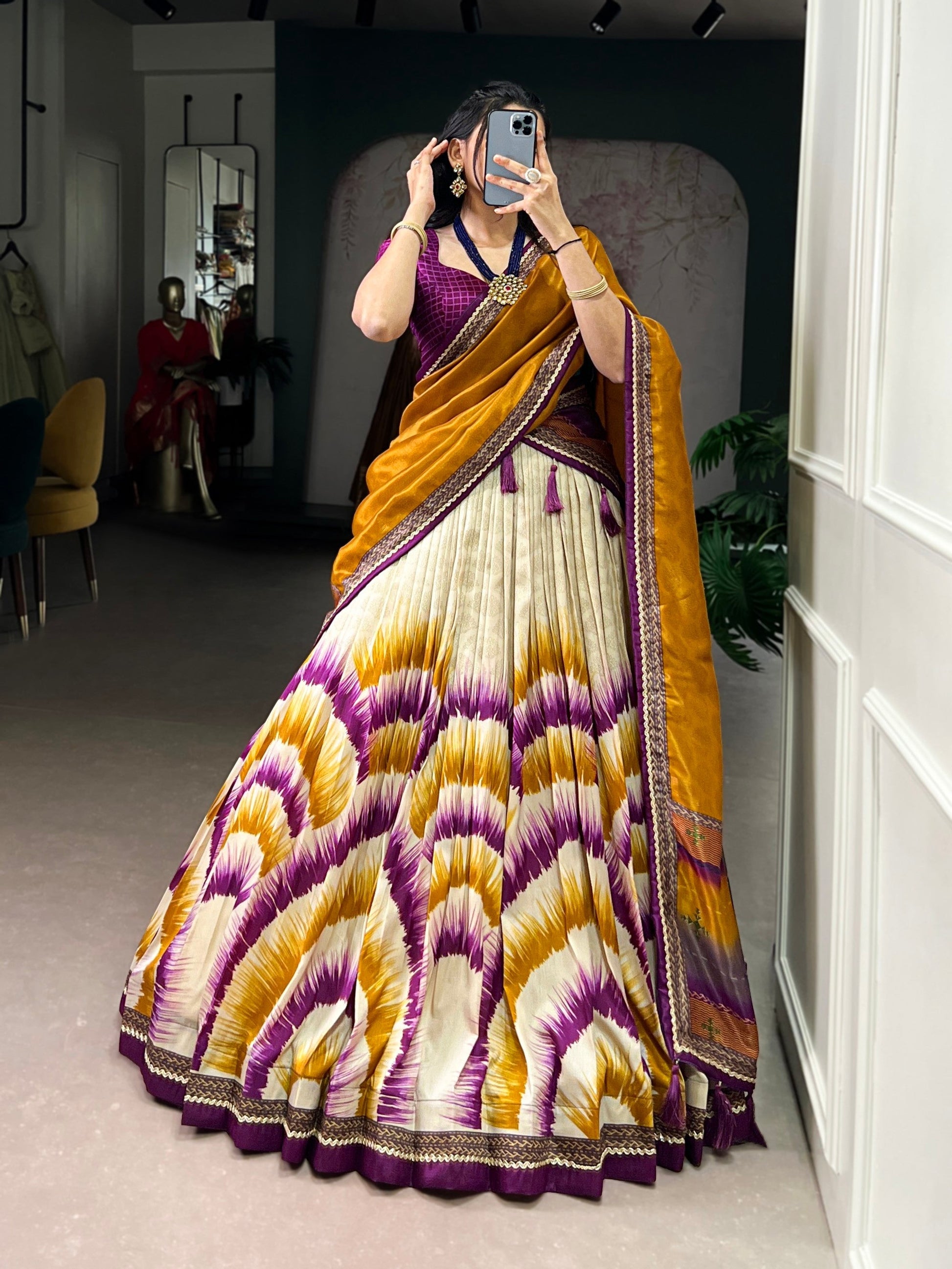 Lorenvalley Fashion Multicolor Tasar Silk Tie and Dye Print with Lace Touch Up Lehenga Choli with Dupatta 