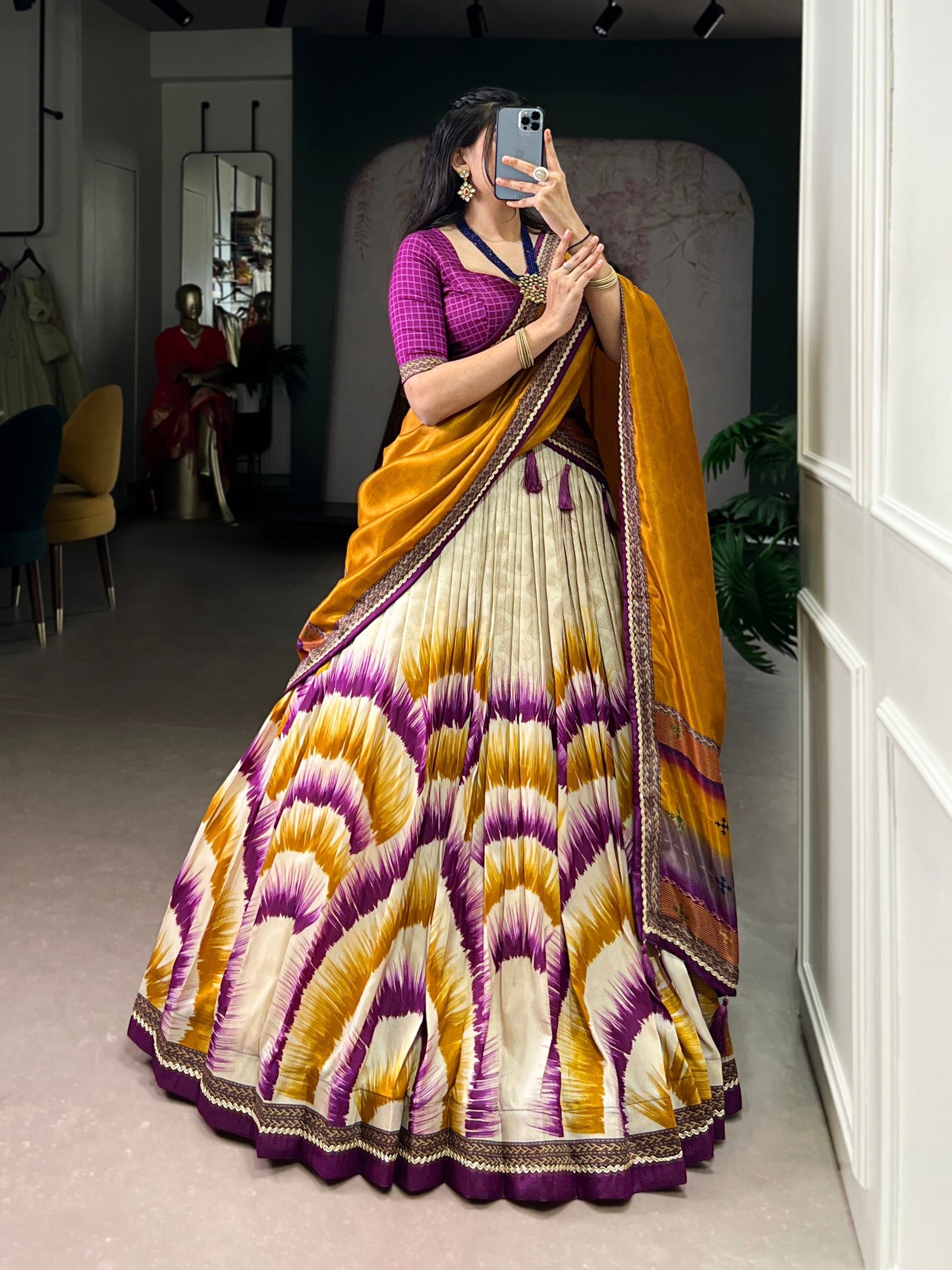 Lorenvalley Fashion Multicolor Tasar Silk Tie and Dye Print with Lace Touch Up Lehenga Choli with Dupatta 