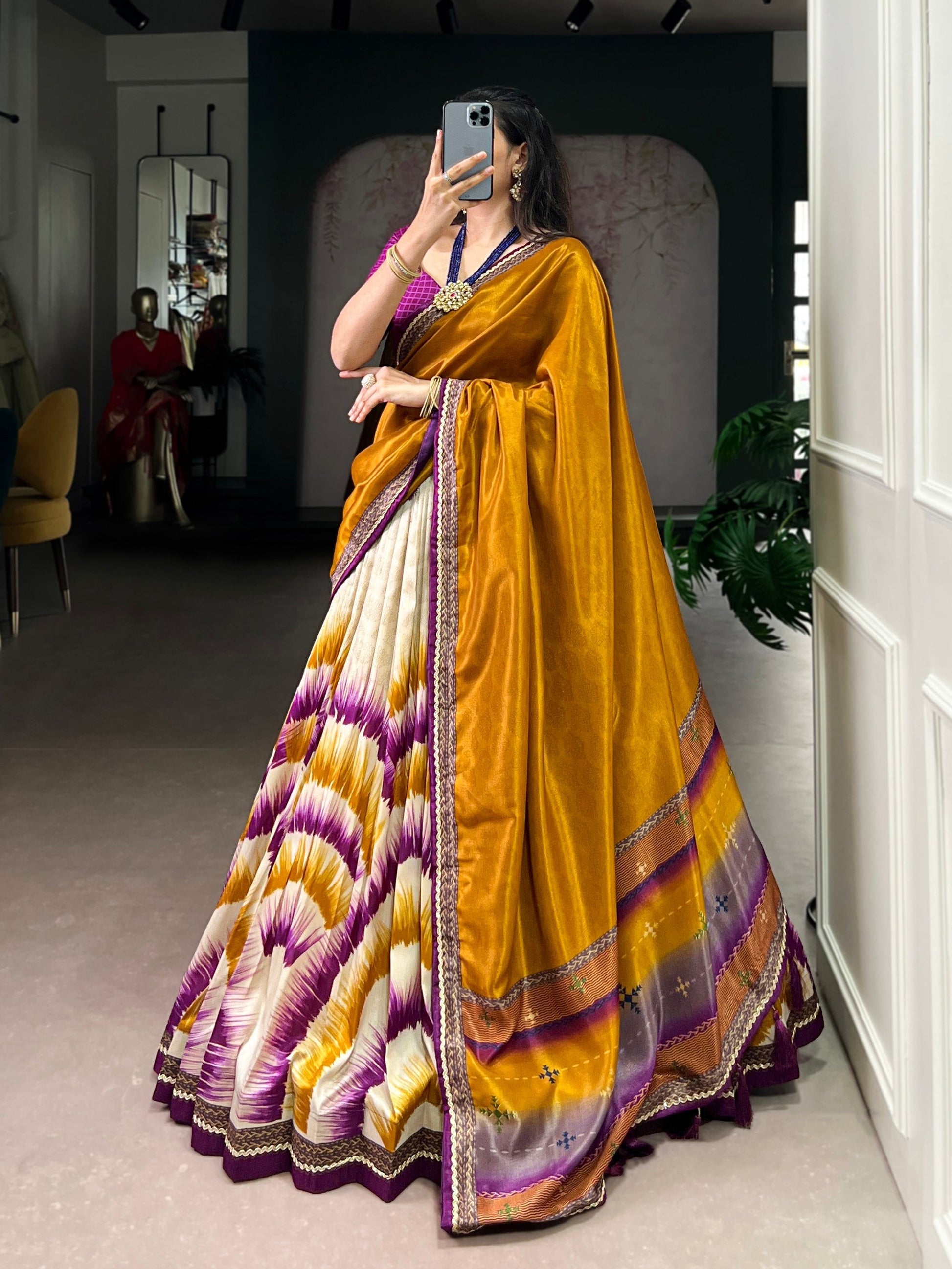 Lorenvalley Fashion Multicolor Tasar Silk Tie and Dye Print with Lace Touch Up Lehenga Choli with Dupatta 