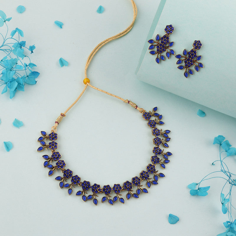 Tehzeeb Creations Royal Blue Pack of 1 Gold-Polished Choker Necklace Set With Earring For Women & Girls Tehzeeb Creations