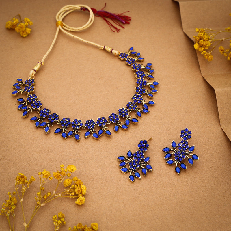 Tehzeeb Creations Royal Blue Pack of 1 Gold-Polished Choker Necklace Set With Earring For Women & Girls Tehzeeb Creations