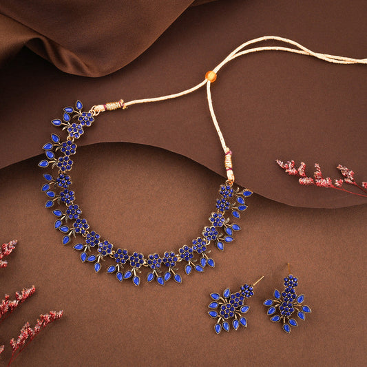 Tehzeeb Creations Royal Blue Pack of 1 Gold-Polished Choker Necklace Set With Earring For Women & Girls Tehzeeb Creations