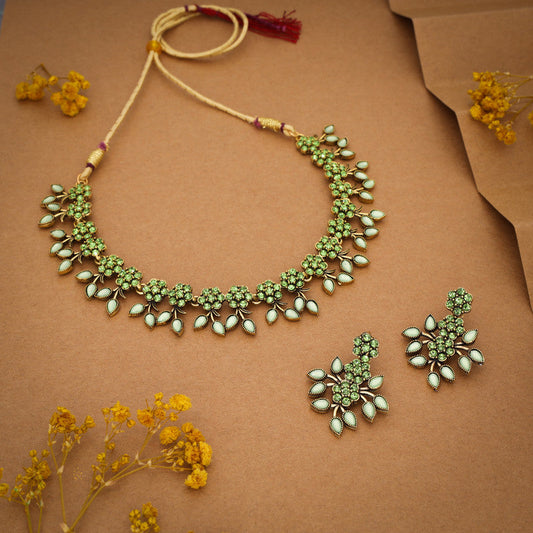 Tehzeeb Creations Sea Green Pack of 1 Gold-Polished Choker Necklace Set With Earring For Women & Girls