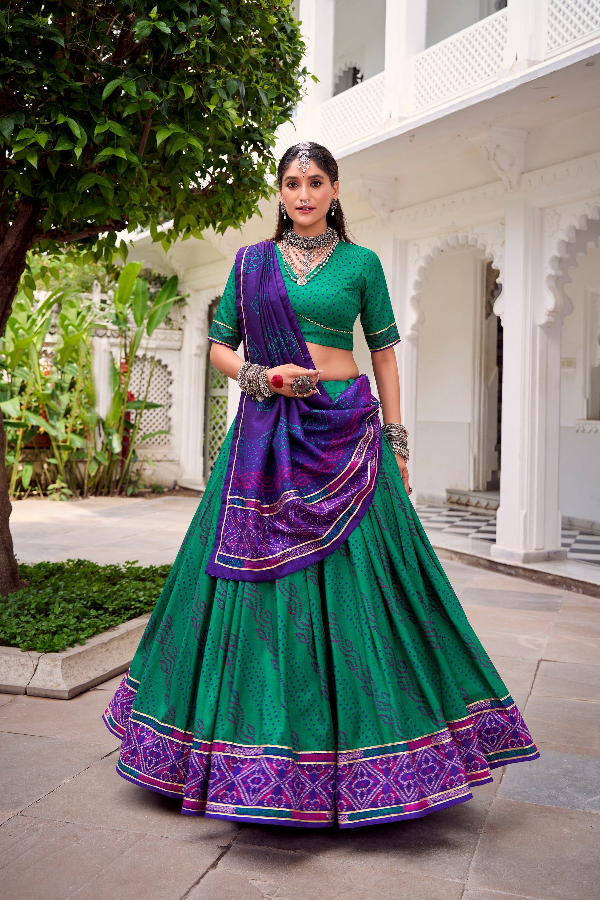 Lorenvalley Fashion Green Tasar Silk Bandhej Print With Gotta Patti Lace Touch Up Lehenga Choli with Dupatta 