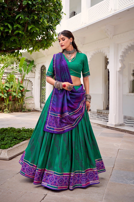 Lorenvalley Fashion Green Tasar Silk Bandhej Print With Gotta Patti Lace Touch Up Lehenga Choli with Dupatta 