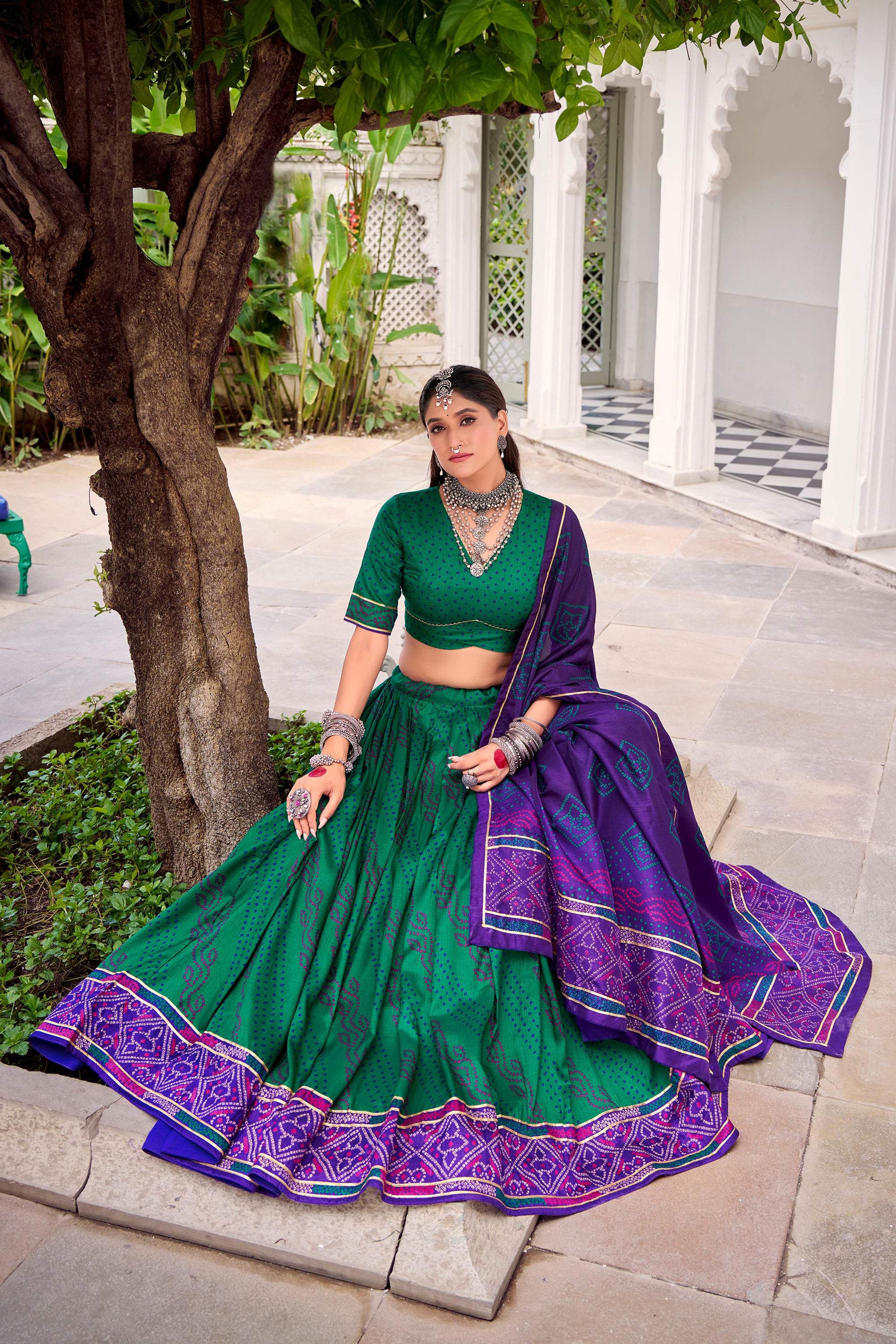 Lorenvalley Fashion Green Tasar Silk Bandhej Print With Gotta Patti Lace Touch Up Lehenga Choli with Dupatta 