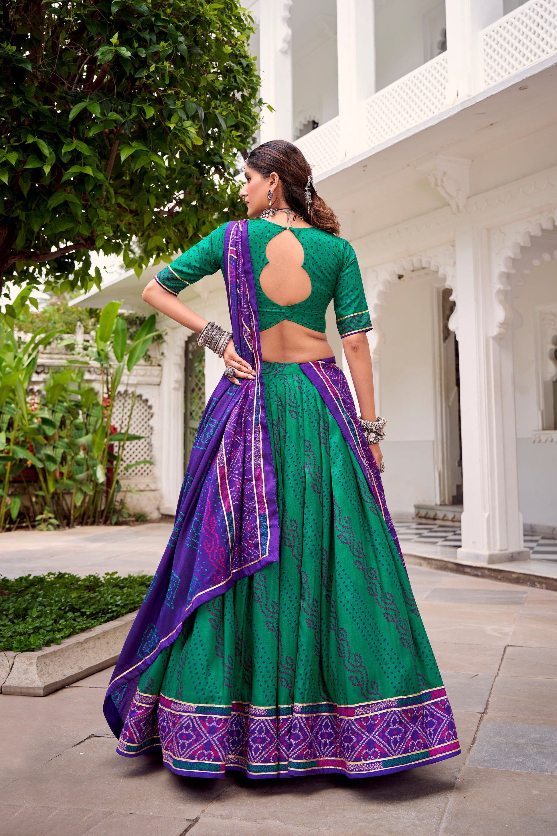 Lorenvalley Fashion Green Tasar Silk Bandhej Print With Gotta Patti Lace Touch Up Lehenga Choli with Dupatta 