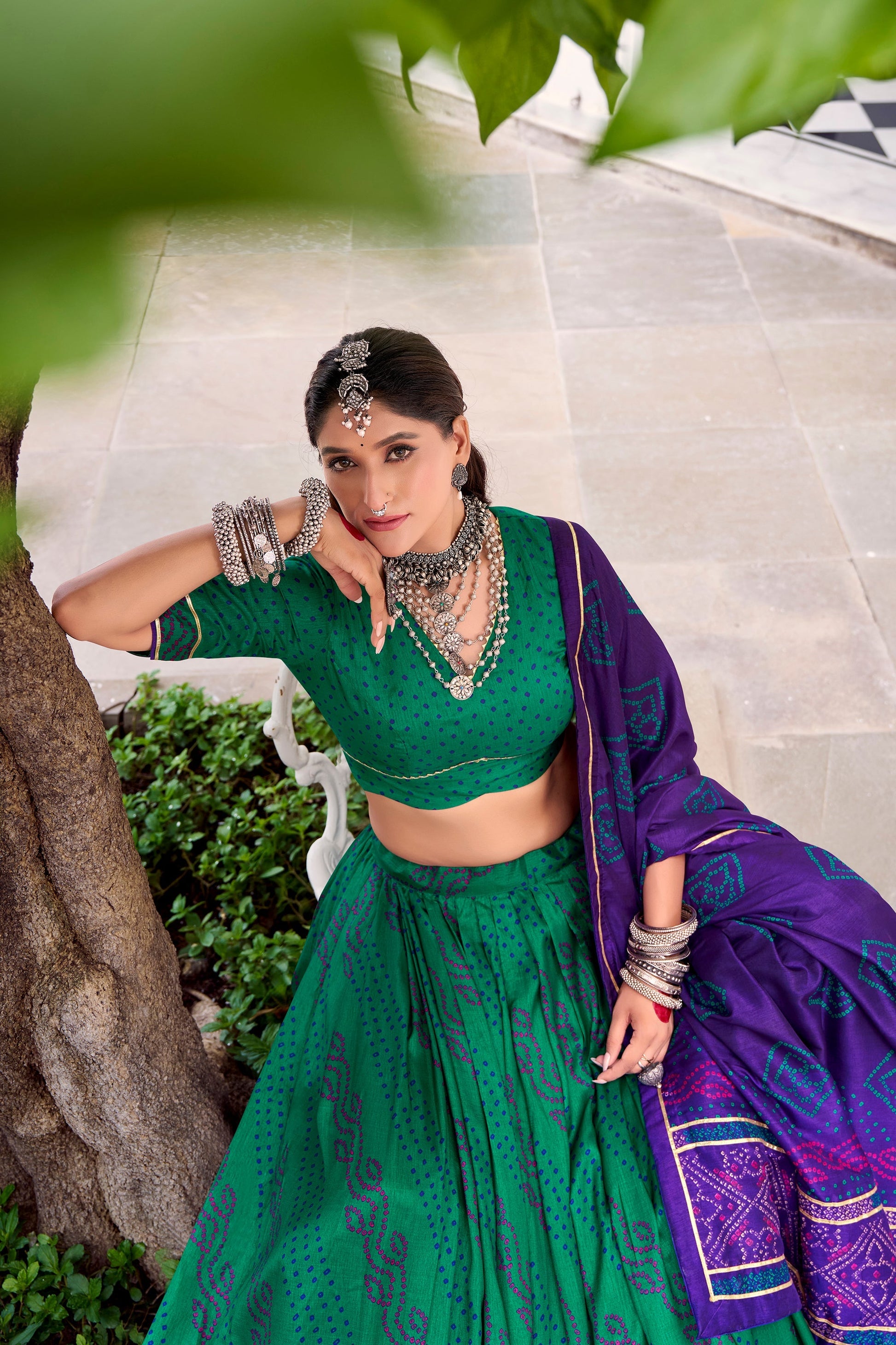 Lorenvalley Fashion Green Tasar Silk Bandhej Print With Gotta Patti Lace Touch Up Lehenga Choli with Dupatta 