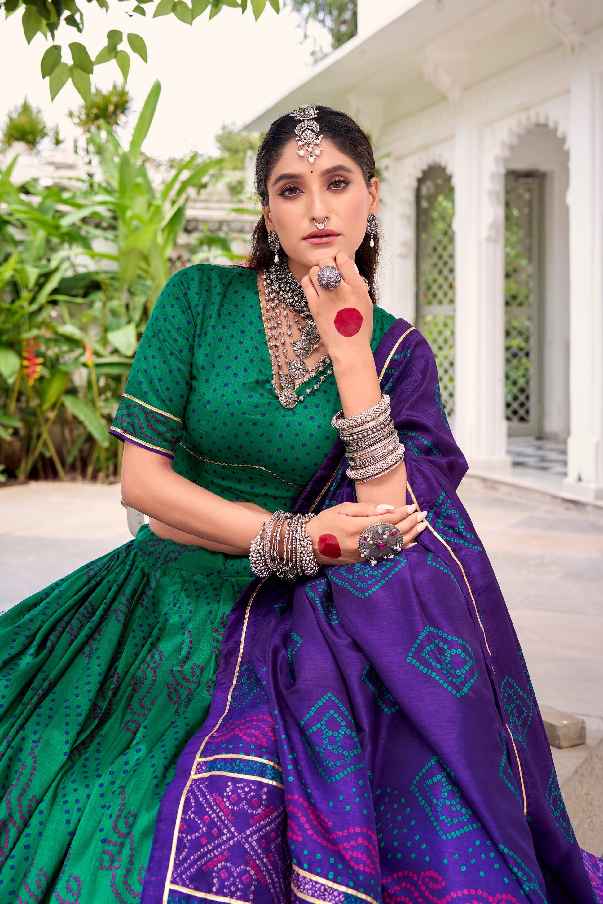 Lorenvalley Fashion Green Tasar Silk Bandhej Print With Gotta Patti Lace Touch Up Lehenga Choli with Dupatta 