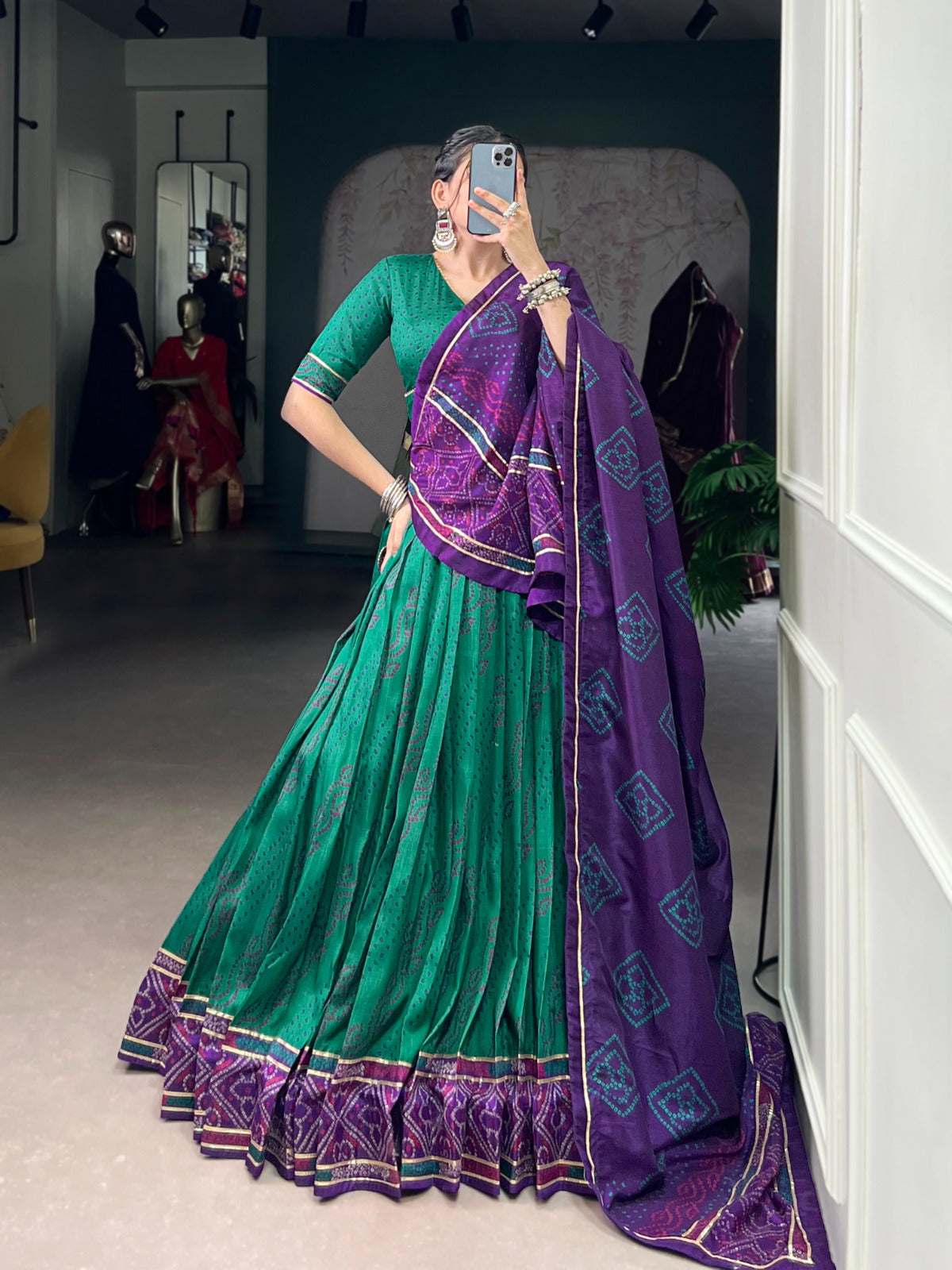 Lorenvalley Fashion Green Tasar Silk Bandhej Print With Gotta Patti Lace Touch Up Lehenga Choli with Dupatta 