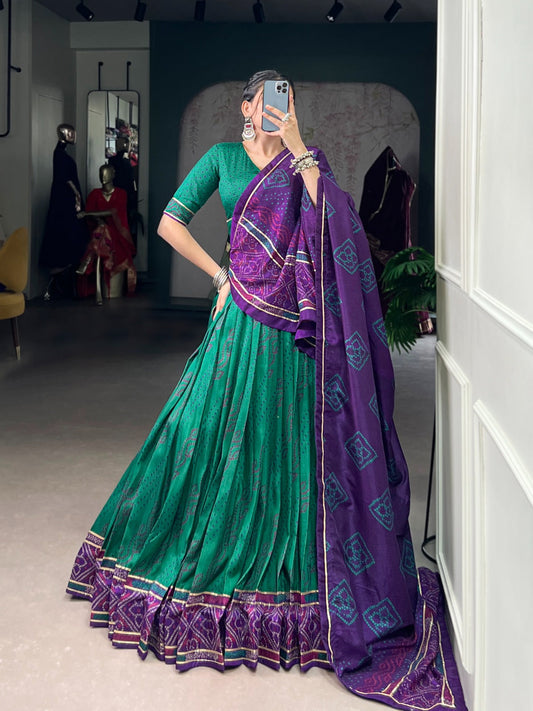 Lorenvalley Fashion Green Tasar Silk Bandhej Print With Gotta Patti Lace Touch Up Lehenga Choli with Dupatta 