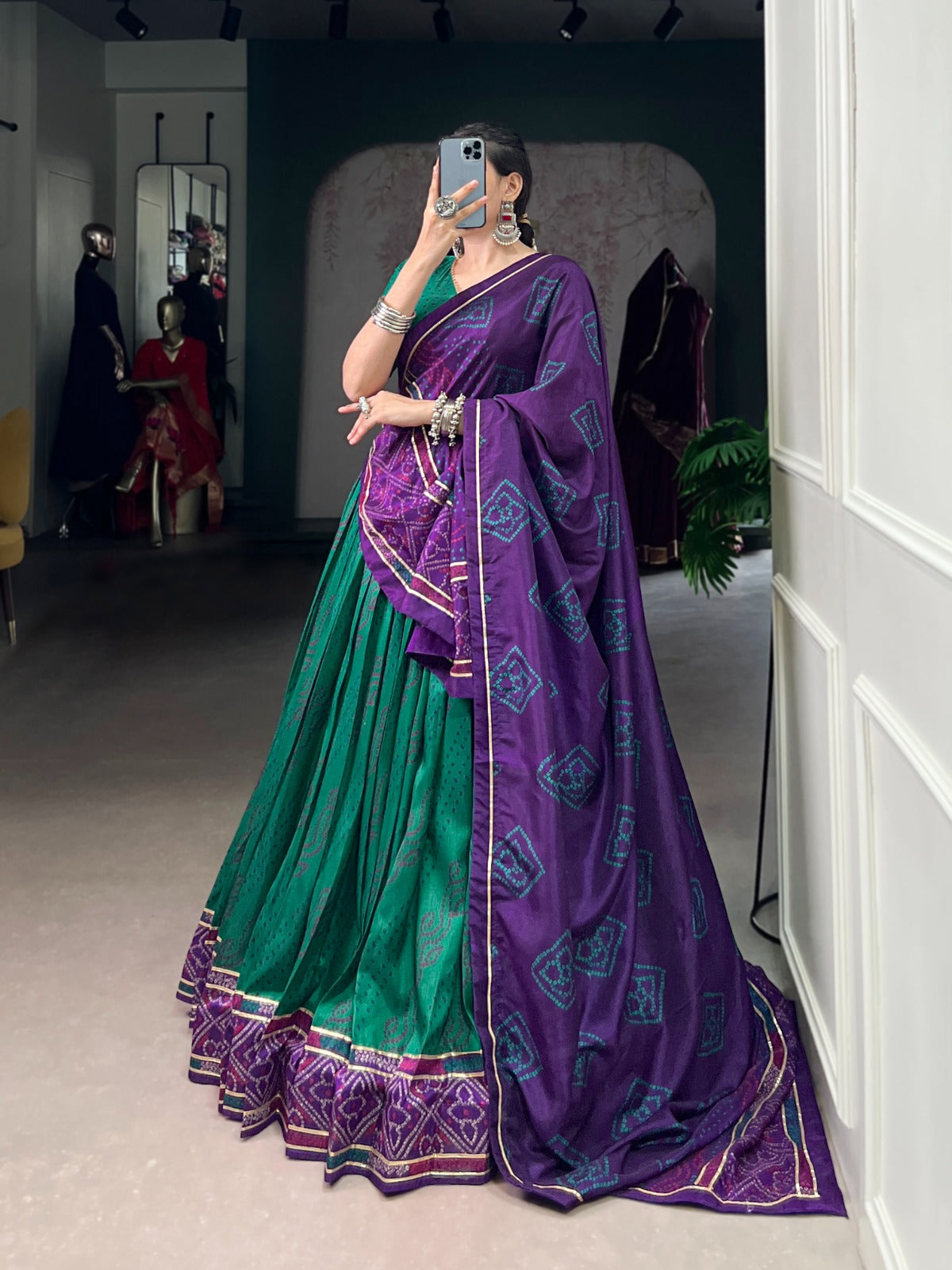 Lorenvalley Fashion Green Tasar Silk Bandhej Print With Gotta Patti Lace Touch Up Lehenga Choli with Dupatta 