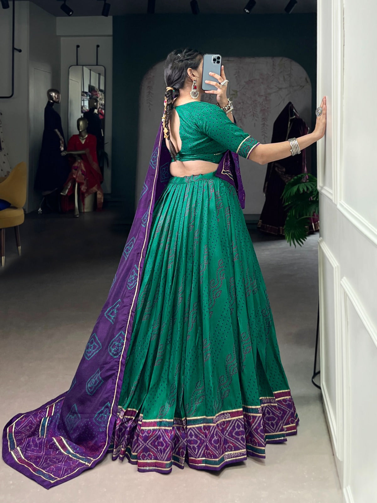 Lorenvalley Fashion Green Tasar Silk Bandhej Print With Gotta Patti Lace Touch Up Lehenga Choli with Dupatta 