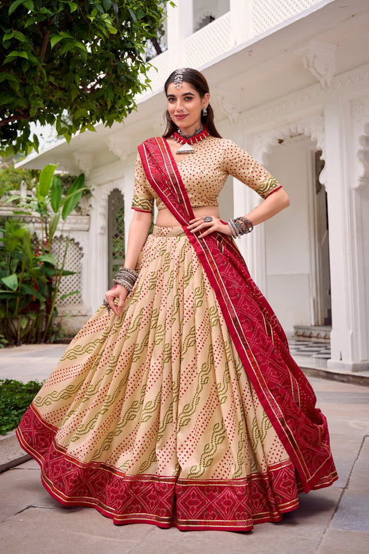 Lorenvalley Fashion Offwhite Tasar Silk Bandhej Print With Gotta Patti Lace Touch Up Lehenga Choli with Dupatta 