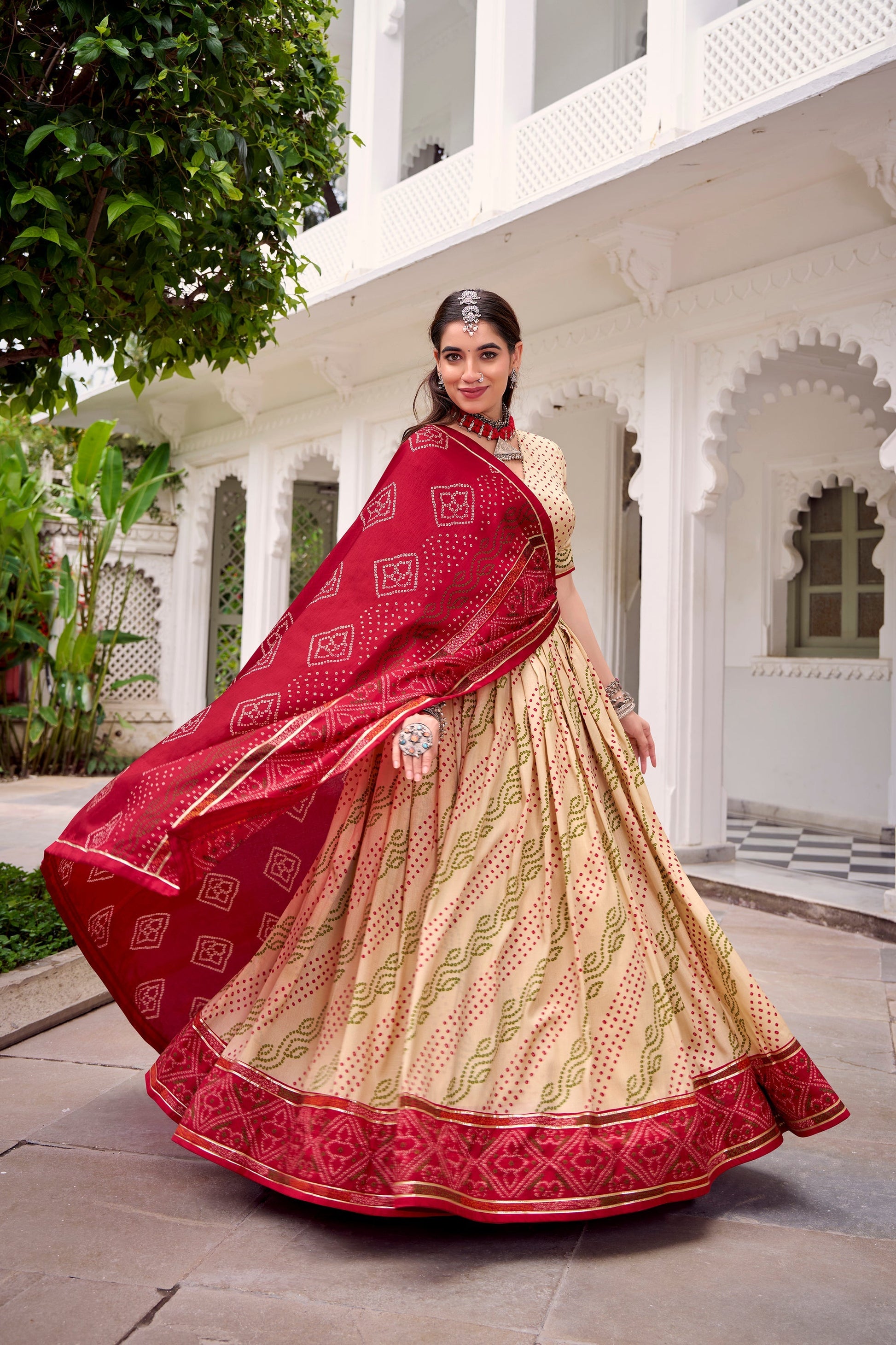 Lorenvalley Fashion Offwhite Tasar Silk Bandhej Print With Gotta Patti Lace Touch Up Lehenga Choli with Dupatta 