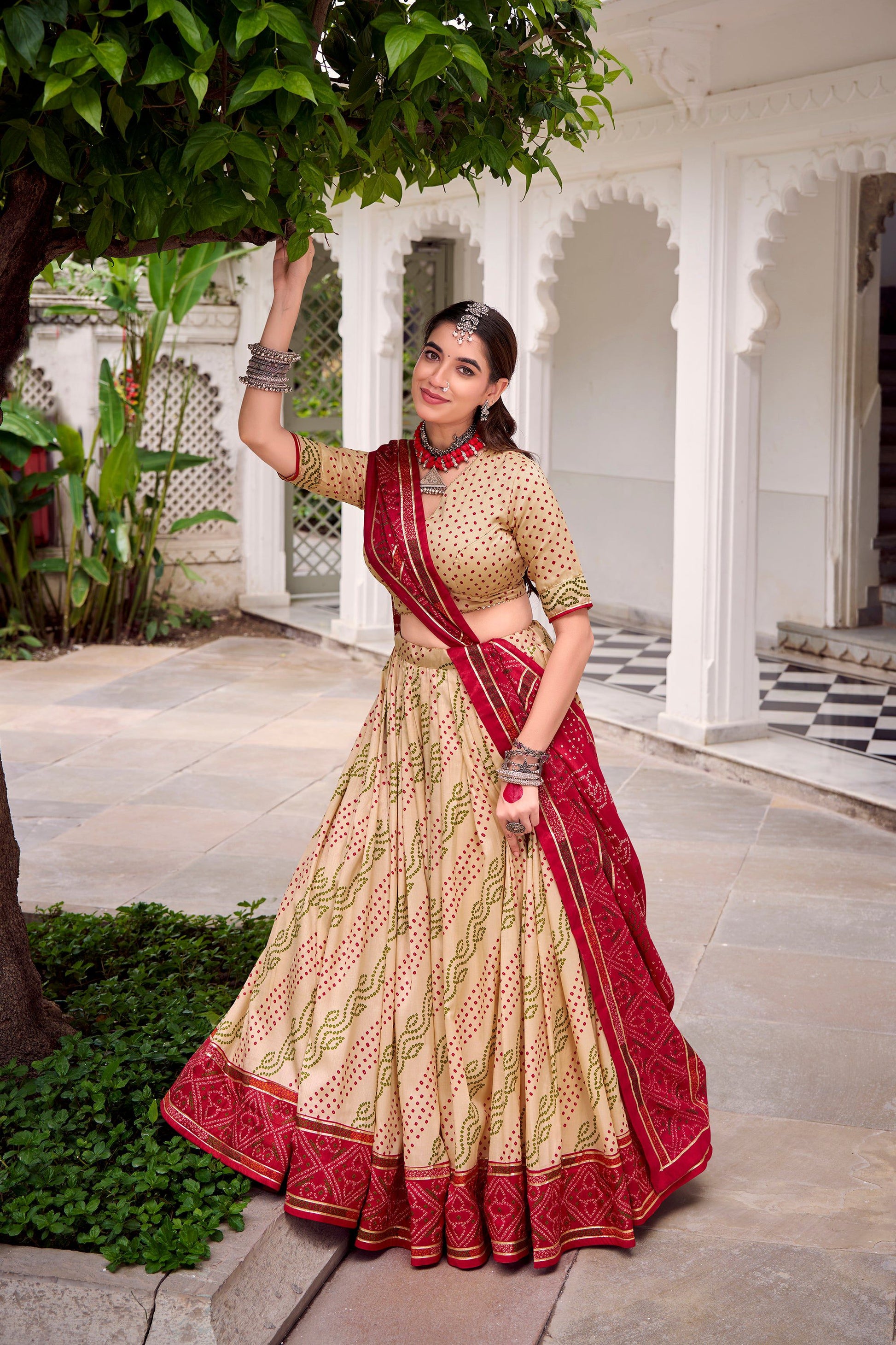 Lorenvalley Fashion Offwhite Tasar Silk Bandhej Print With Gotta Patti Lace Touch Up Lehenga Choli with Dupatta 