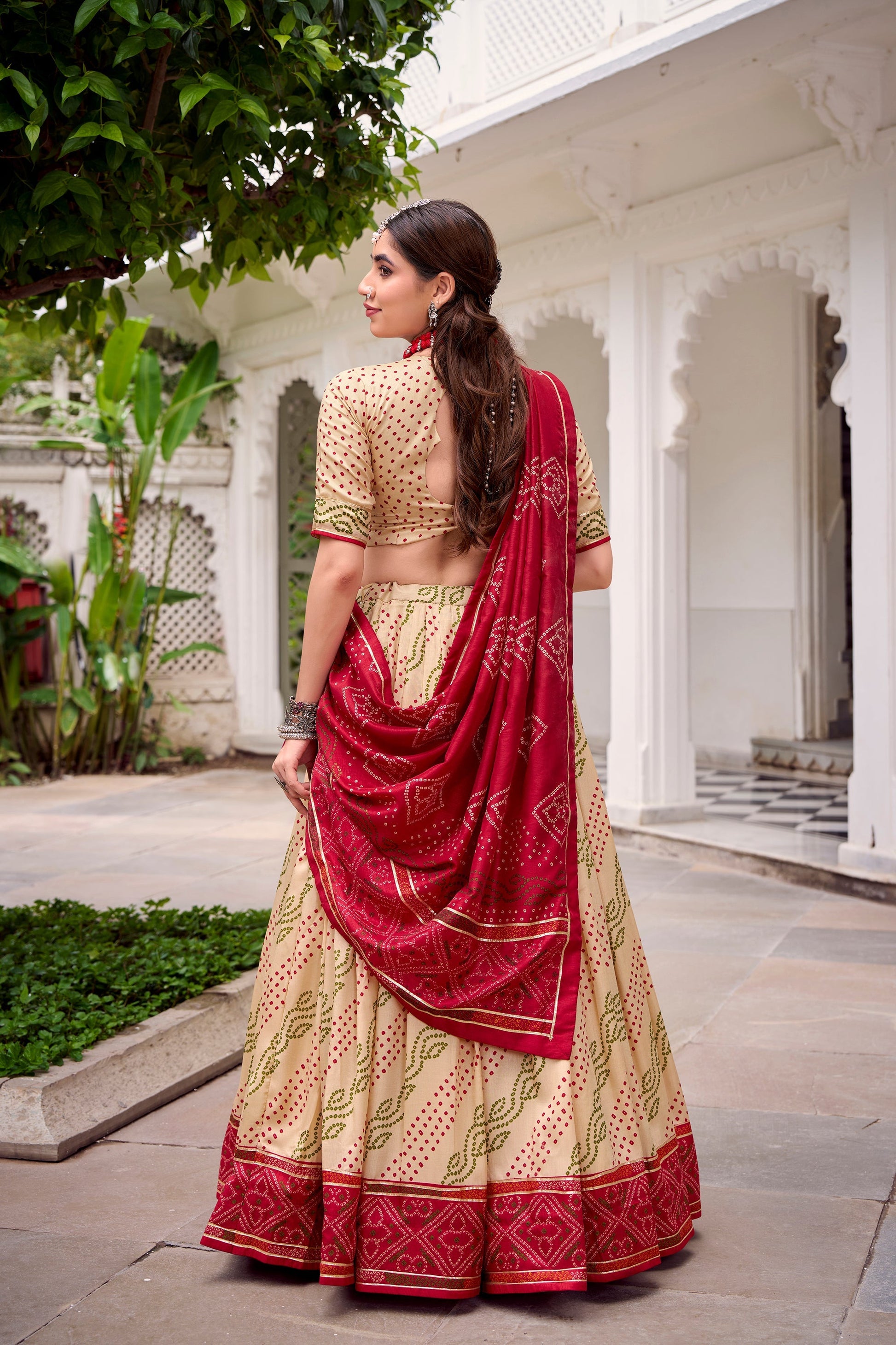 Lorenvalley Fashion Offwhite Tasar Silk Bandhej Print With Gotta Patti Lace Touch Up Lehenga Choli with Dupatta 