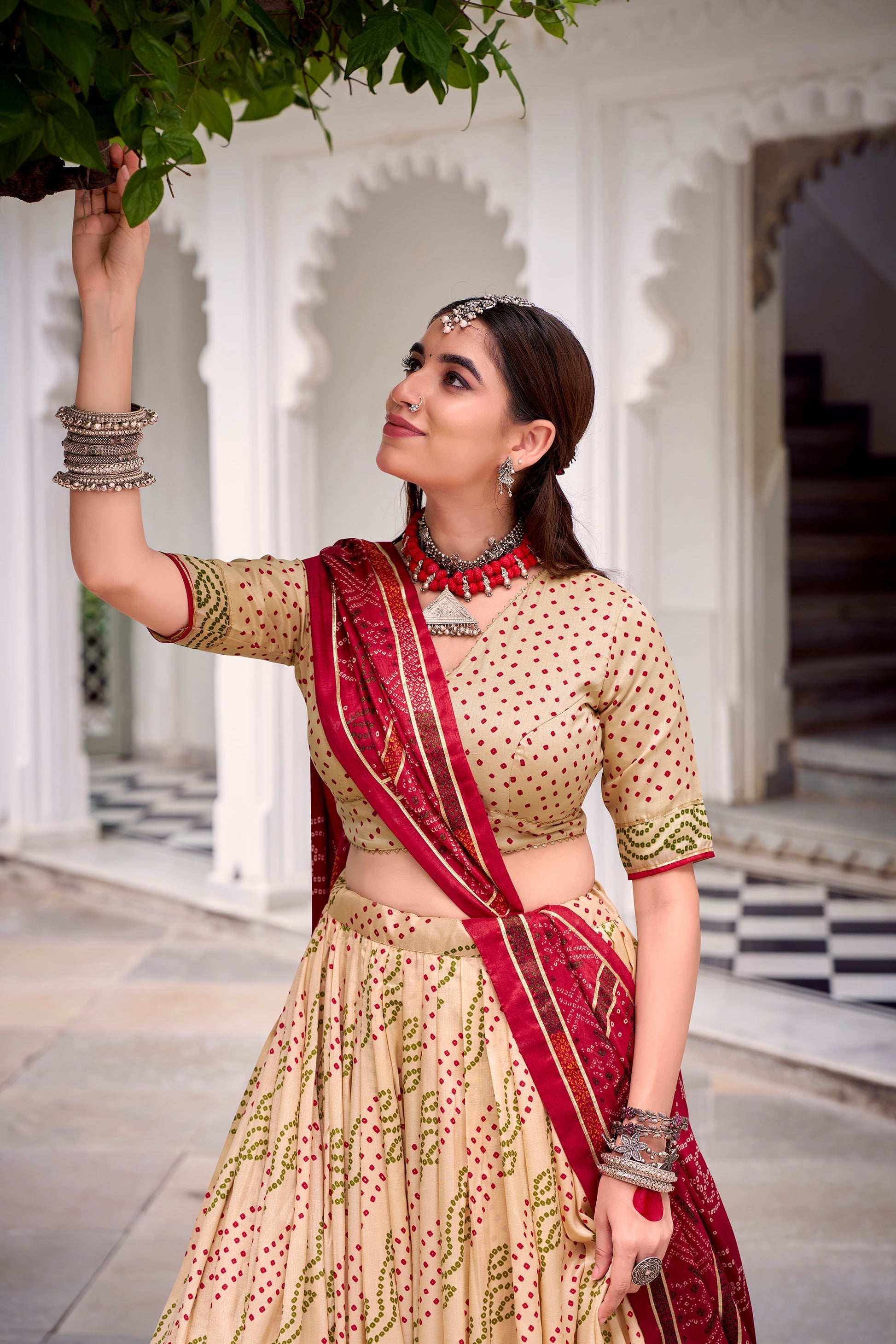 Lorenvalley Fashion Offwhite Tasar Silk Bandhej Print With Gotta Patti Lace Touch Up Lehenga Choli with Dupatta 