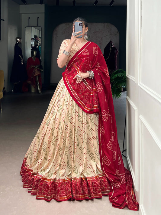Lorenvalley Fashion Offwhite Tasar Silk Bandhej Print With Gotta Patti Lace Touch Up Lehenga Choli with Dupatta 