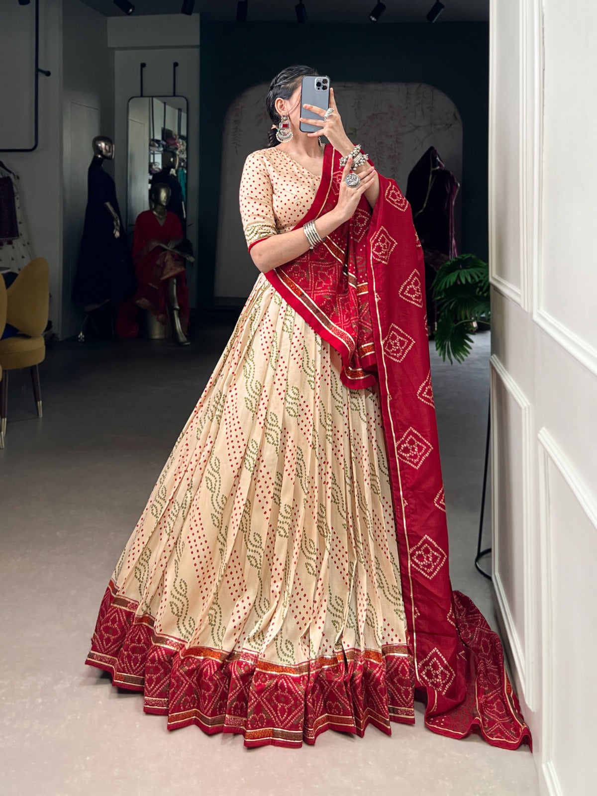 Lorenvalley Fashion Offwhite Tasar Silk Bandhej Print With Gotta Patti Lace Touch Up Lehenga Choli with Dupatta 