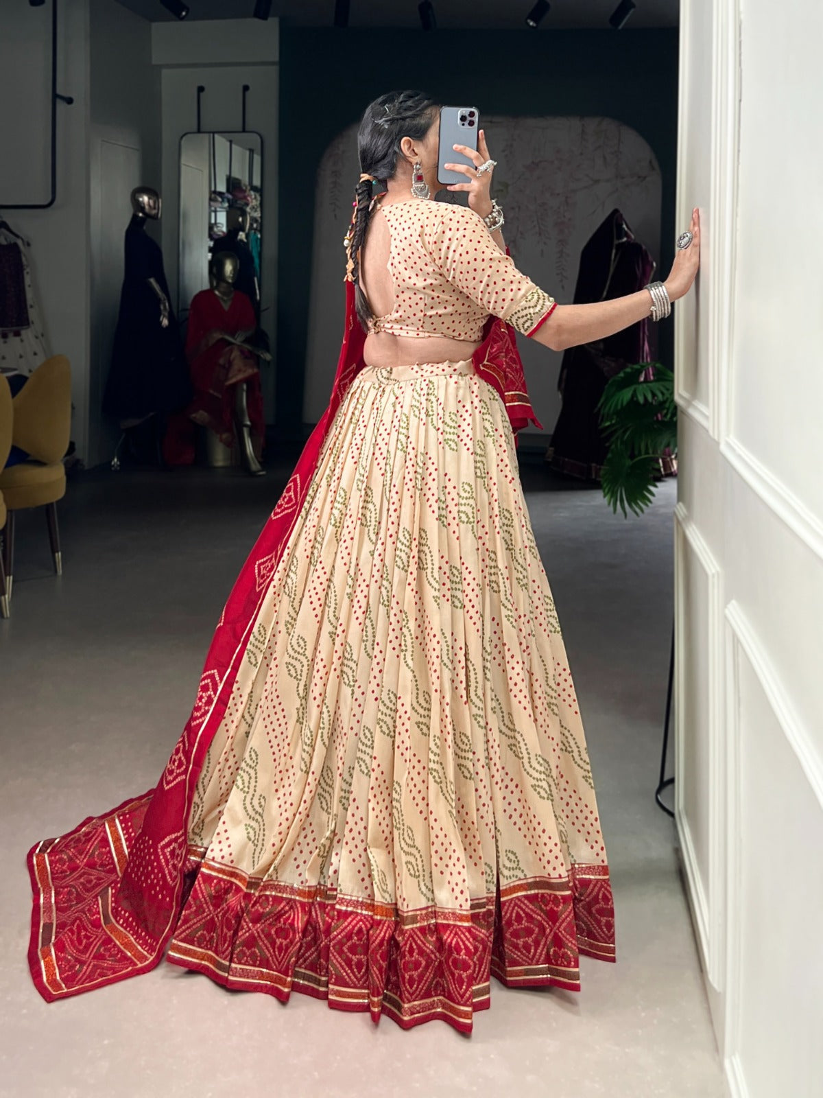 Lorenvalley Fashion Offwhite Tasar Silk Bandhej Print With Gotta Patti Lace Touch Up Lehenga Choli with Dupatta 