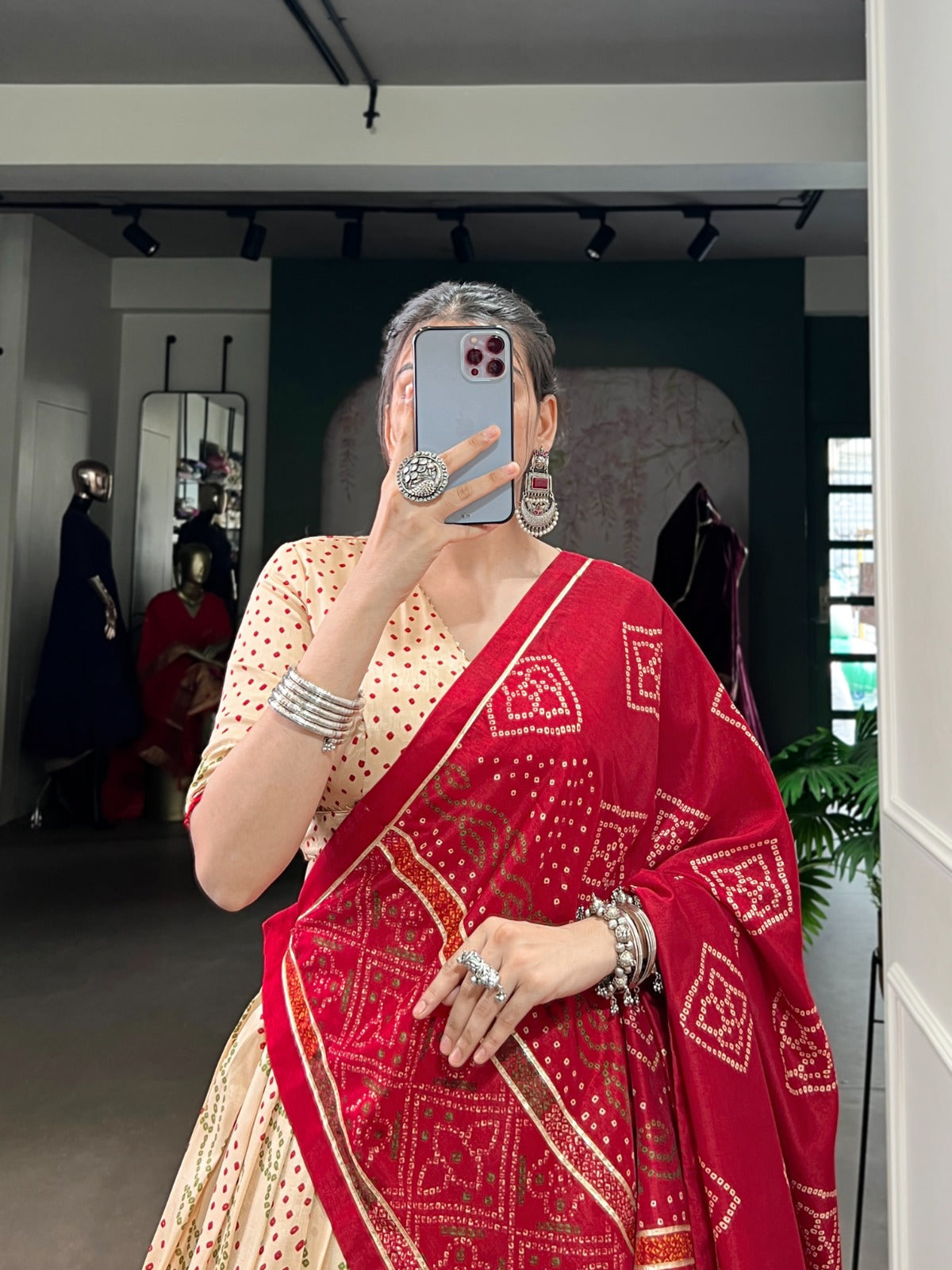 Lorenvalley Fashion Offwhite Tasar Silk Bandhej Print With Gotta Patti Lace Touch Up Lehenga Choli with Dupatta 