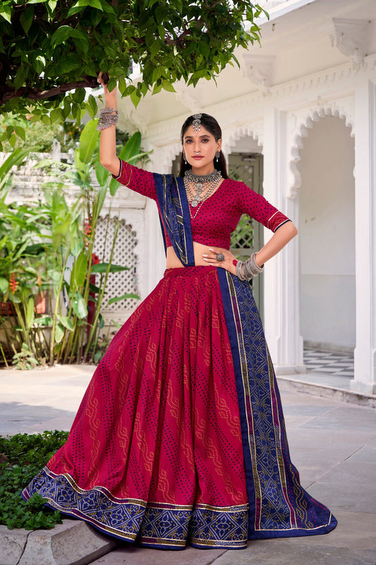 Lorenvalley Fashion Pink Tasar Silk Bandhej Print With Gotta Patti Lace Touch Up Lehenga Choli with Dupatta 