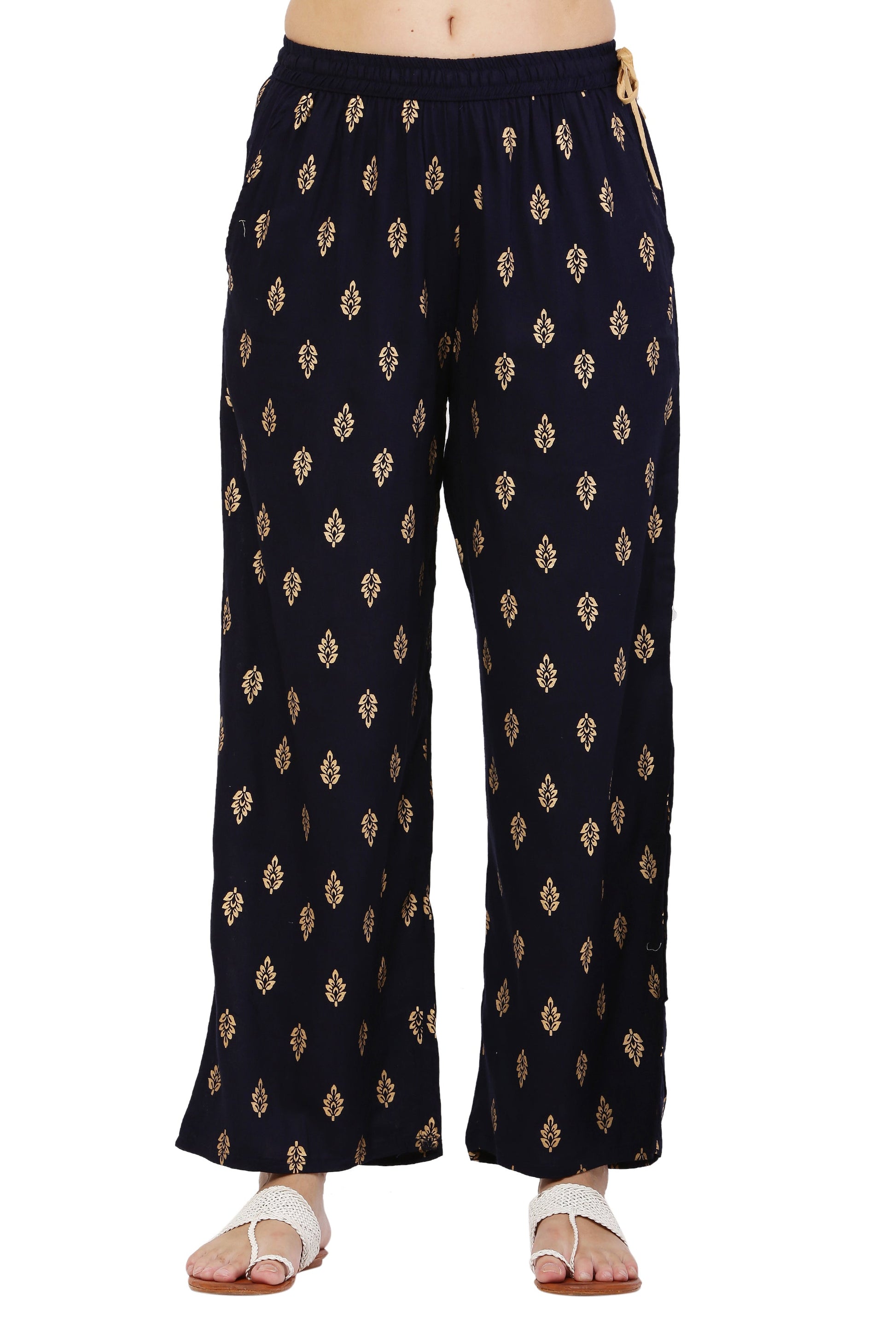 PAVONINE Black Color Full Golden Leaf Print Palazzo For Women Pant
