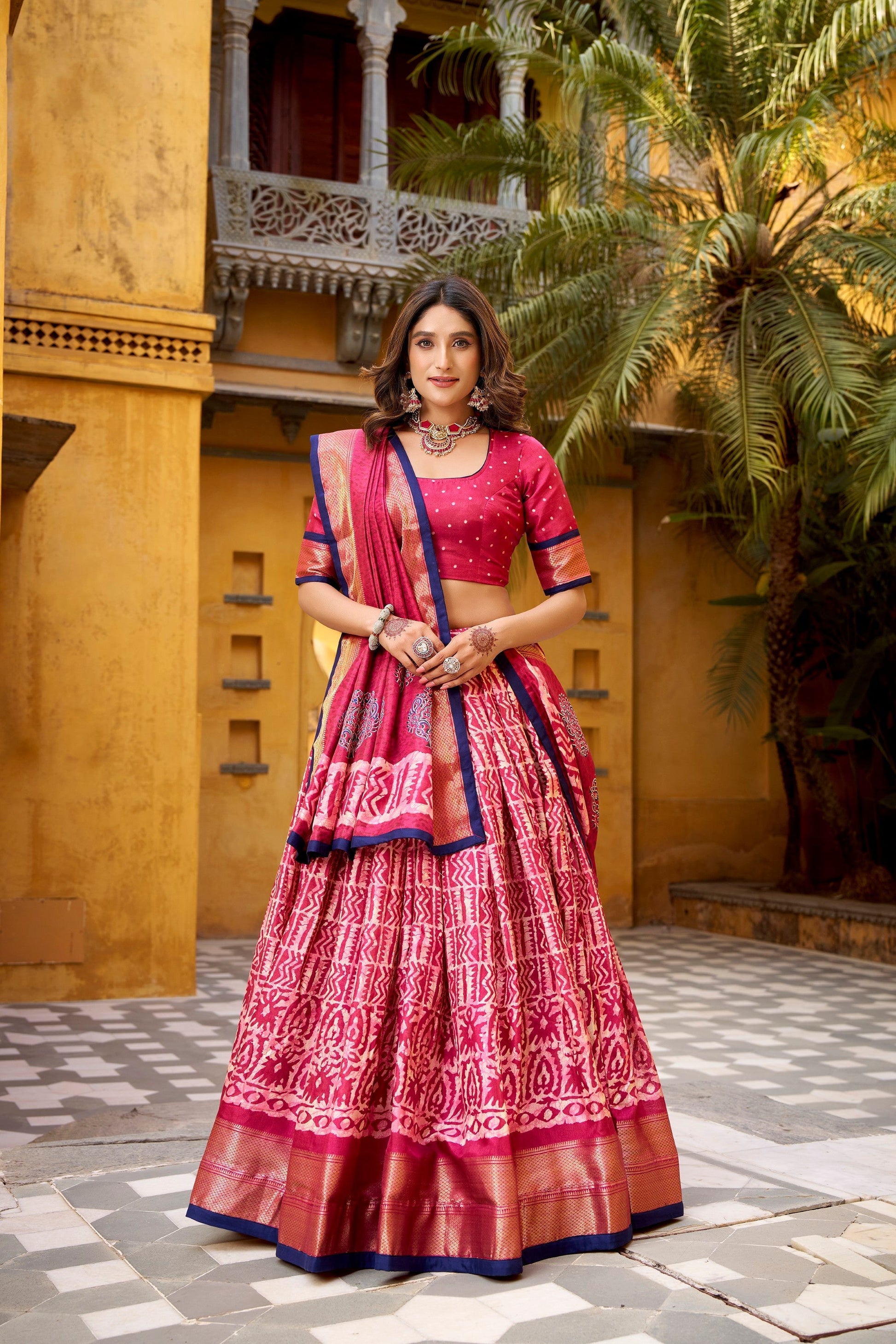 Lorenvalley Fashion Gajari Dola Silk Batik Print with Zari Weaving Work Lehenga Choli with Dupatta 