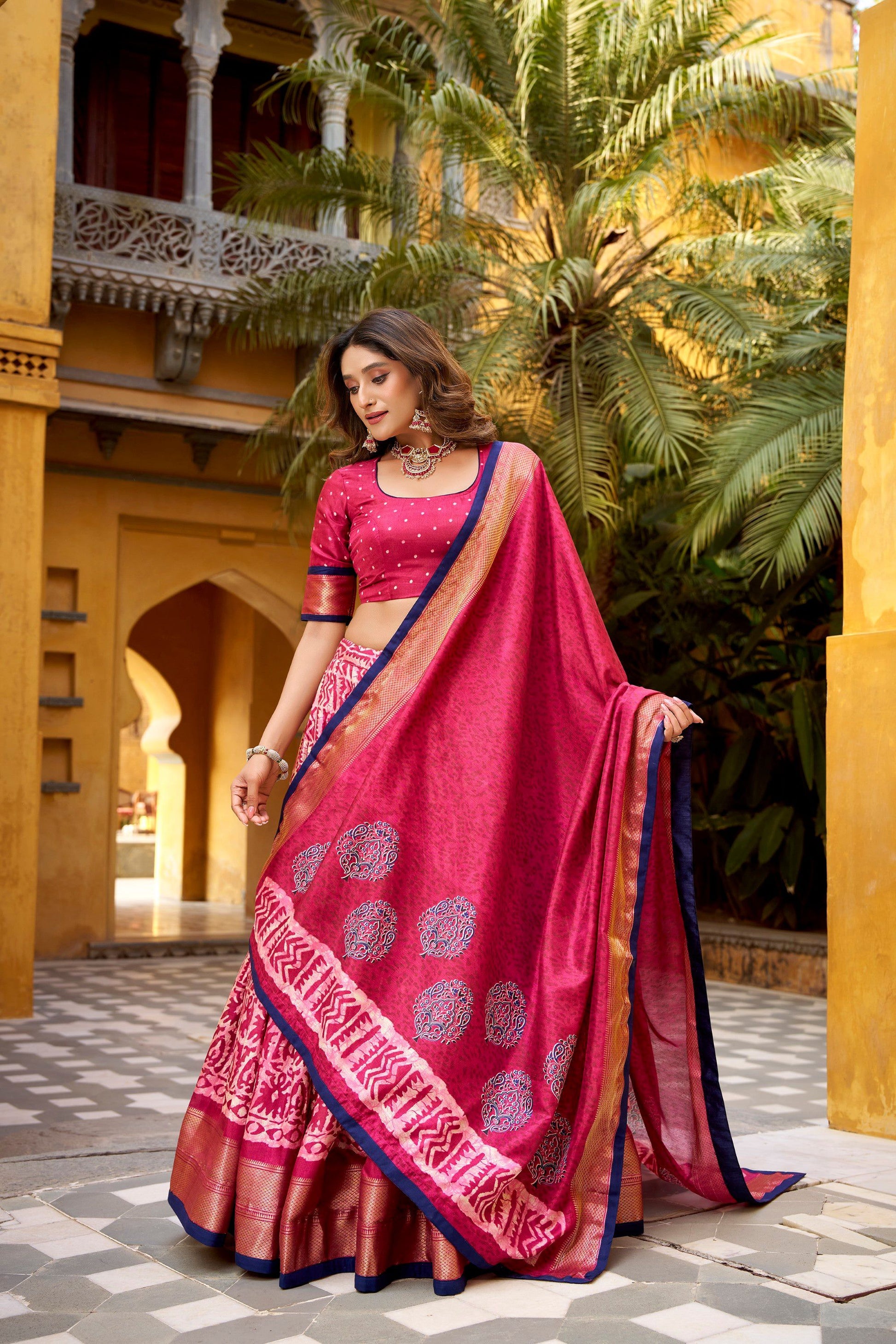 Lorenvalley Fashion Gajari Dola Silk Batik Print with Zari Weaving Work Lehenga Choli with Dupatta 