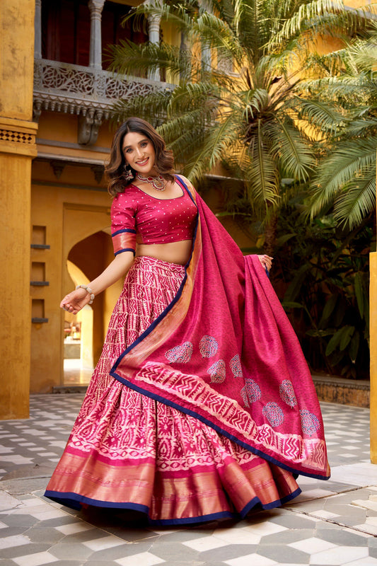 Lorenvalley Fashion Gajari Dola Silk Batik Print with Zari Weaving Work Lehenga Choli with Dupatta