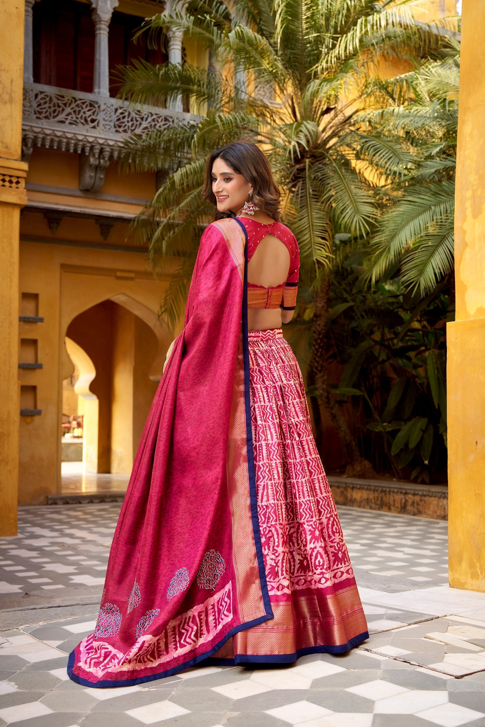 Lorenvalley Fashion Gajari Dola Silk Batik Print with Zari Weaving Work Lehenga Choli with Dupatta 