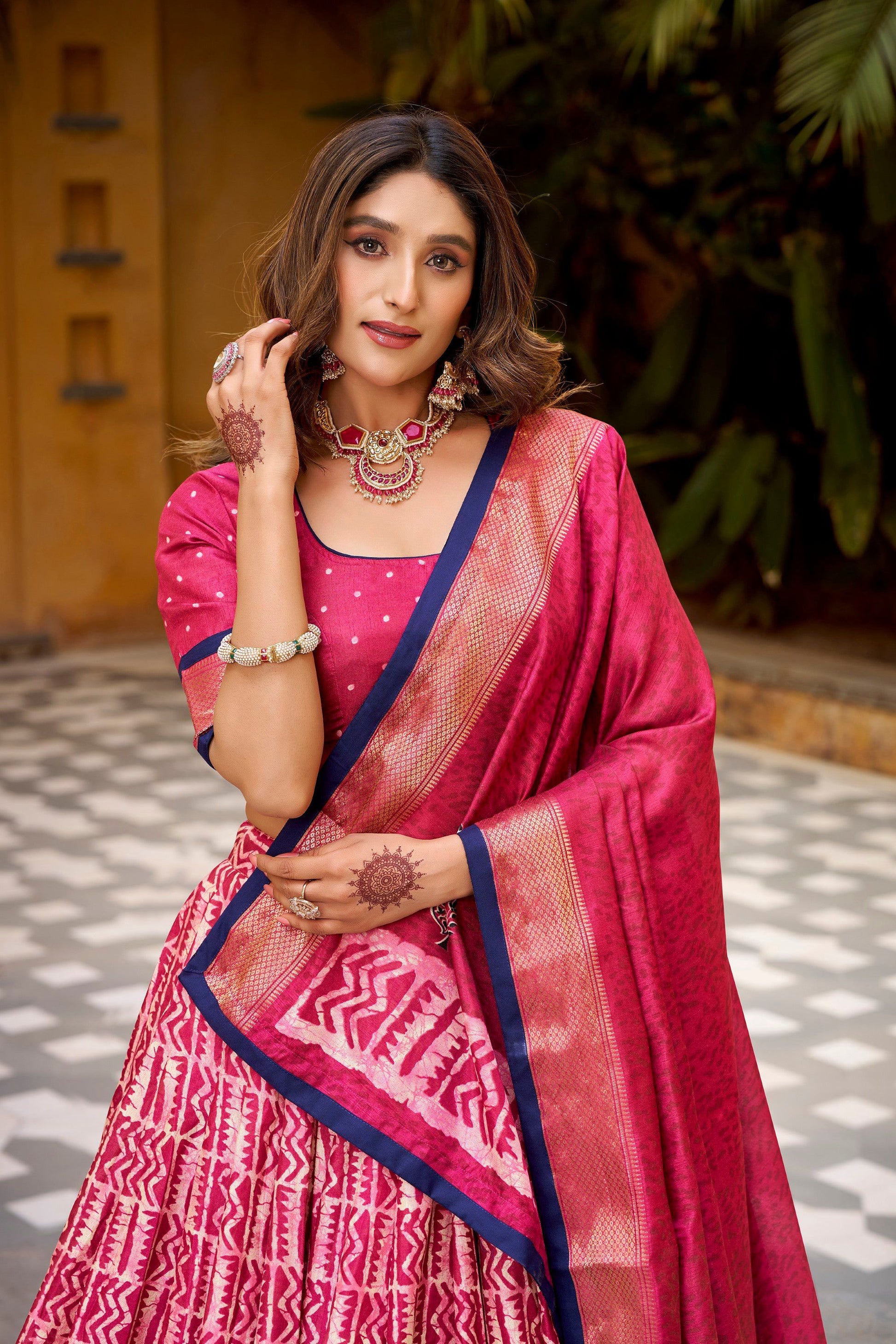 Lorenvalley Fashion Gajari Dola Silk Batik Print with Zari Weaving Work Lehenga Choli with Dupatta 
