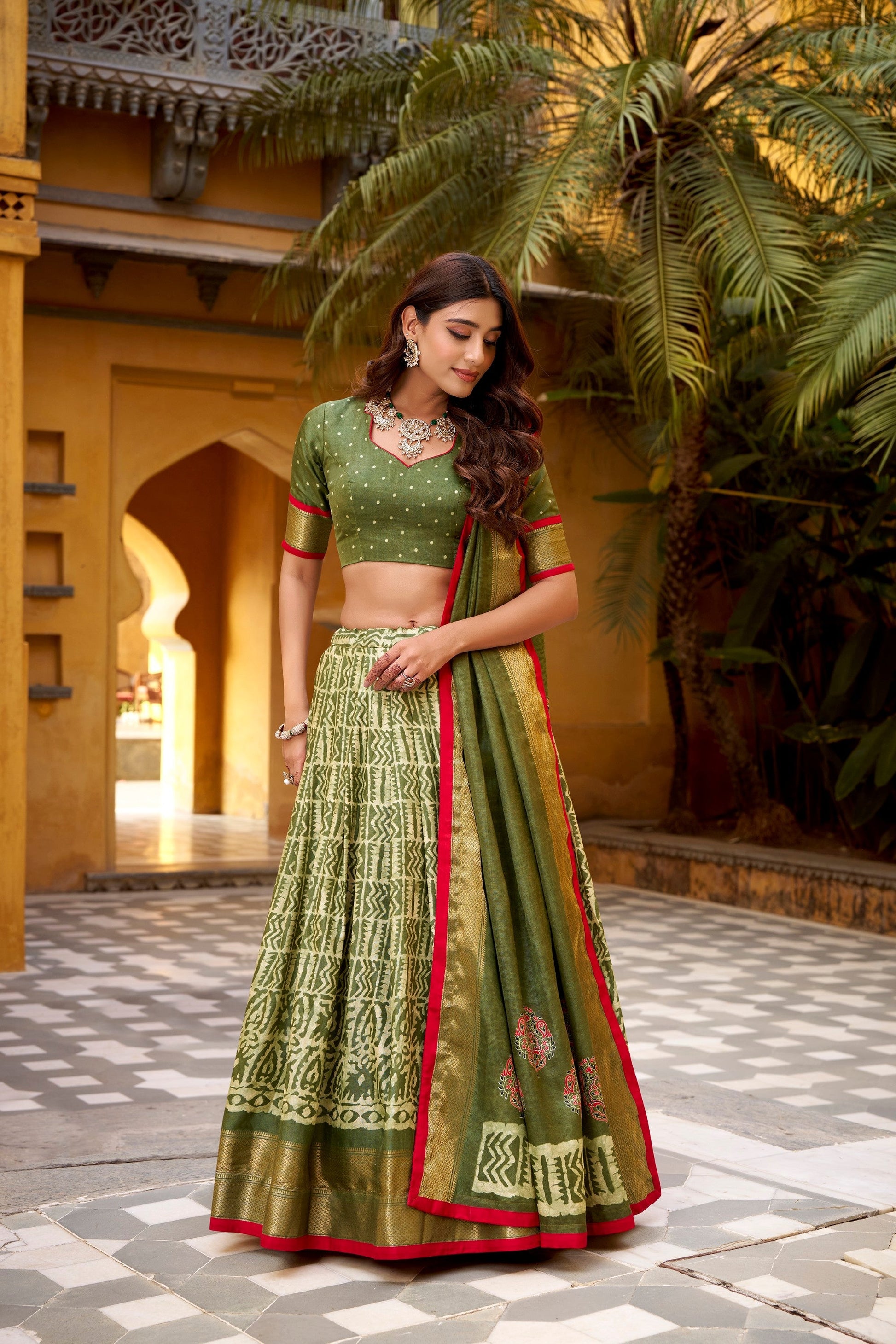 Lorenvalley Fashion Mehendi Dola Silk Batik Print with Zari Weaving Work Lehenga Choli with Dupatta 