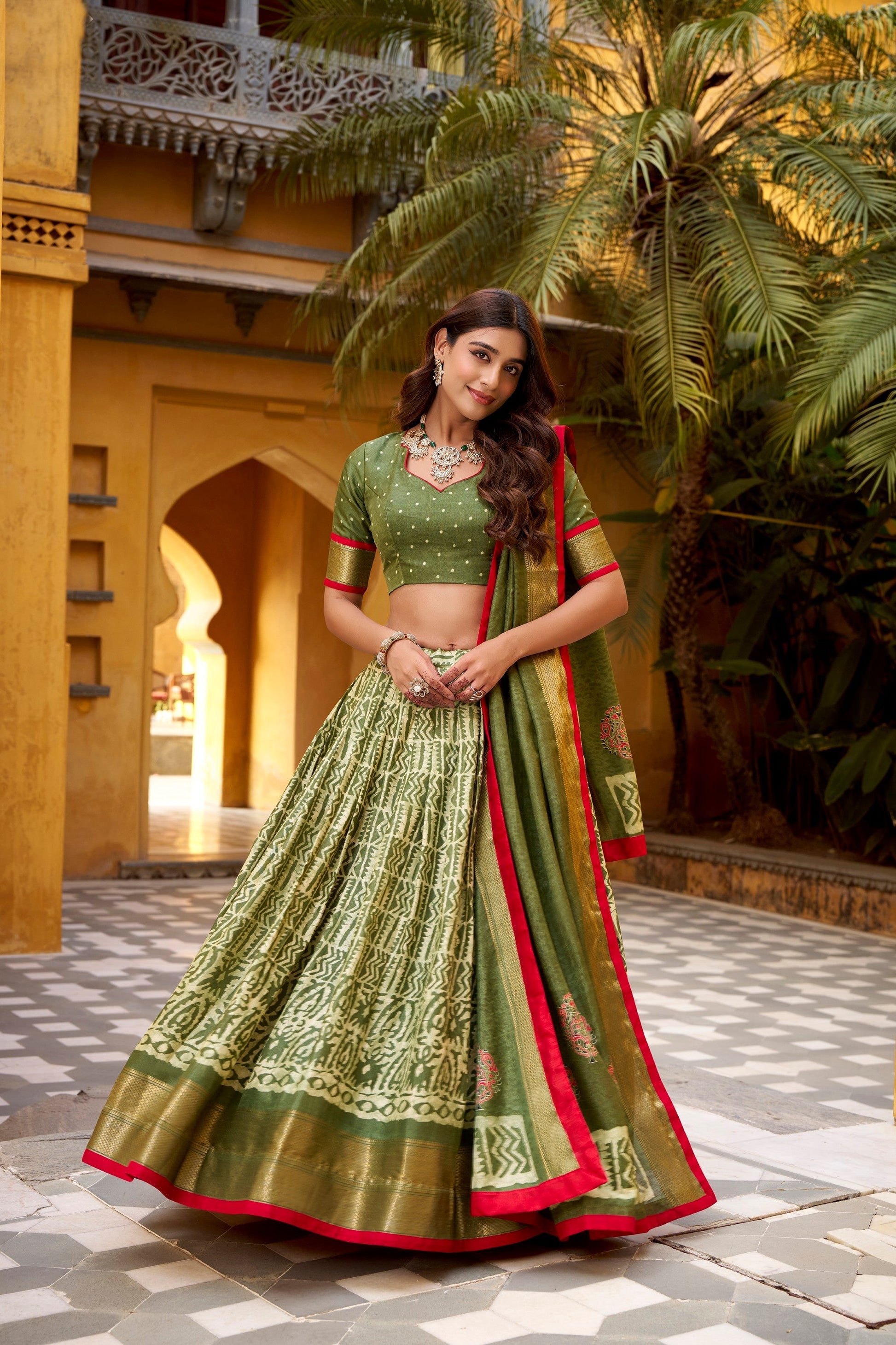 Lorenvalley Fashion Mehendi Dola Silk Batik Print with Zari Weaving Work Lehenga Choli with Dupatta 