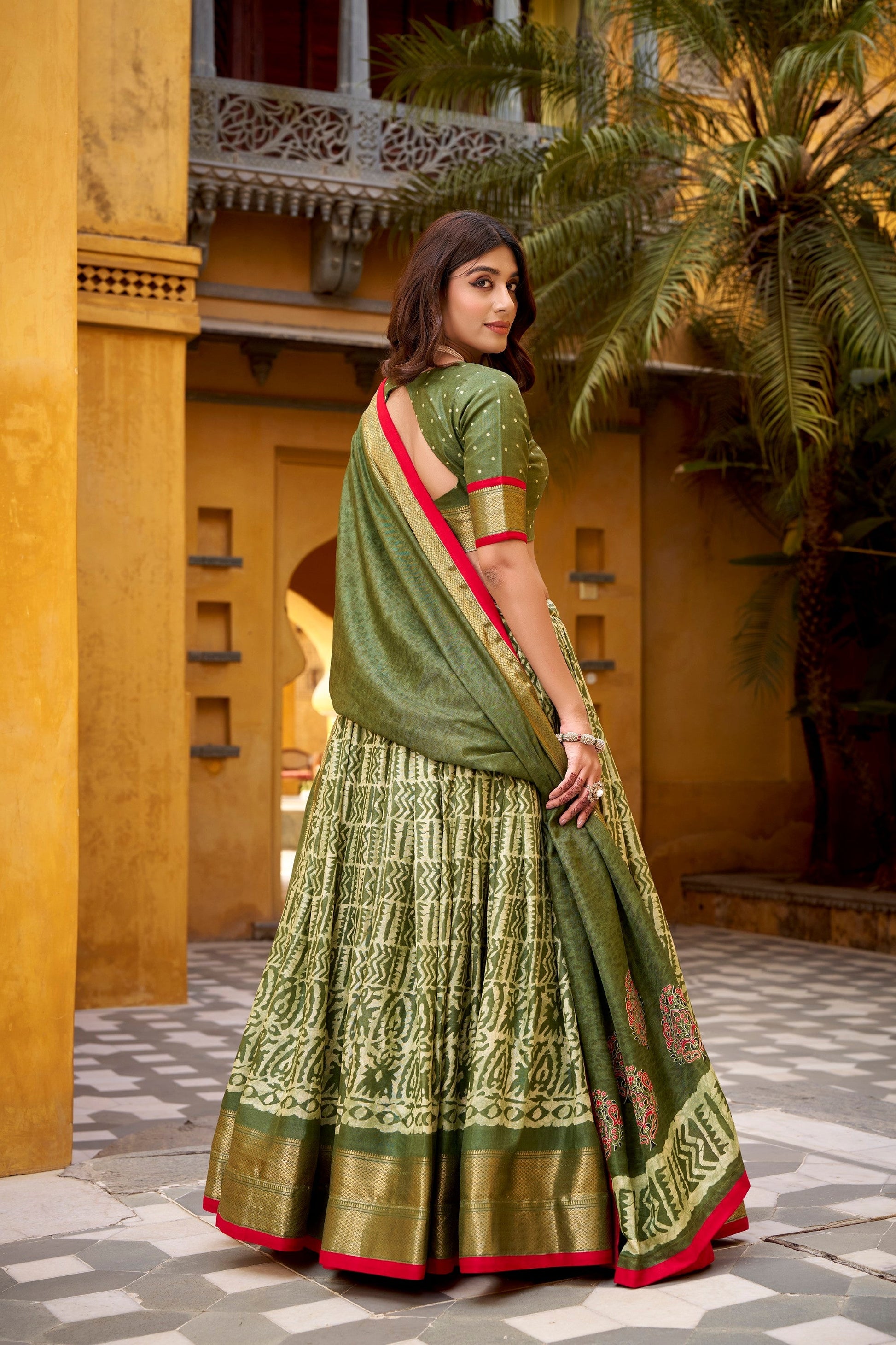 Lorenvalley Fashion Mehendi Dola Silk Batik Print with Zari Weaving Work Lehenga Choli with Dupatta 