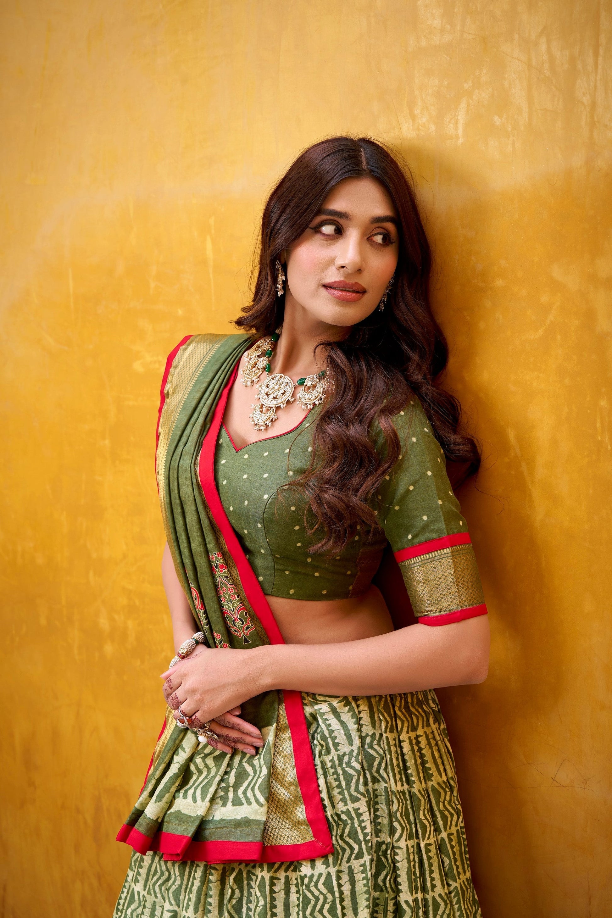 Lorenvalley Fashion Mehendi Dola Silk Batik Print with Zari Weaving Work Lehenga Choli with Dupatta 