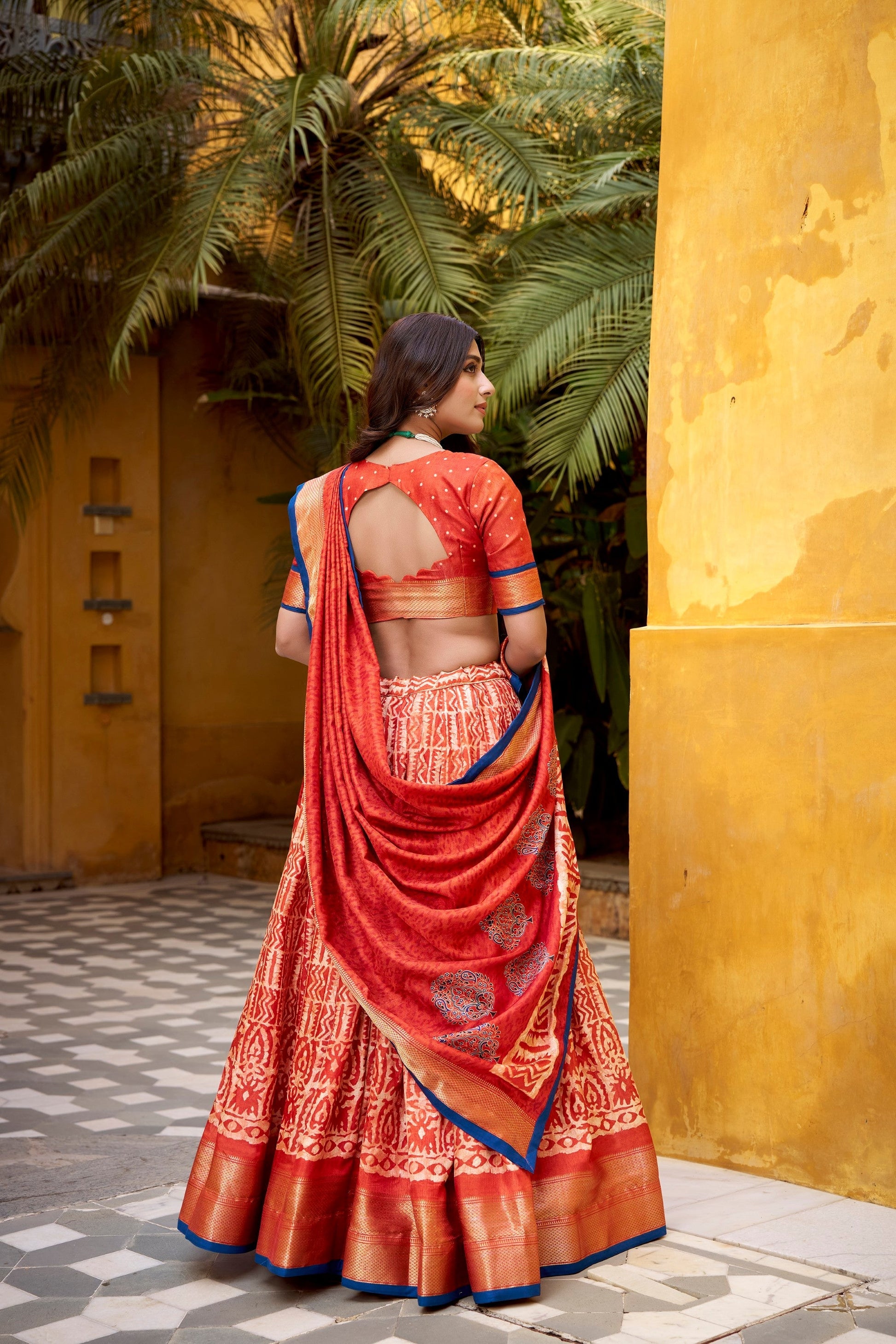 Lorenvalley Fashion Rust Dola Silk Batik Print with Zari Weaving Work Lehenga Choli with Dupatta 