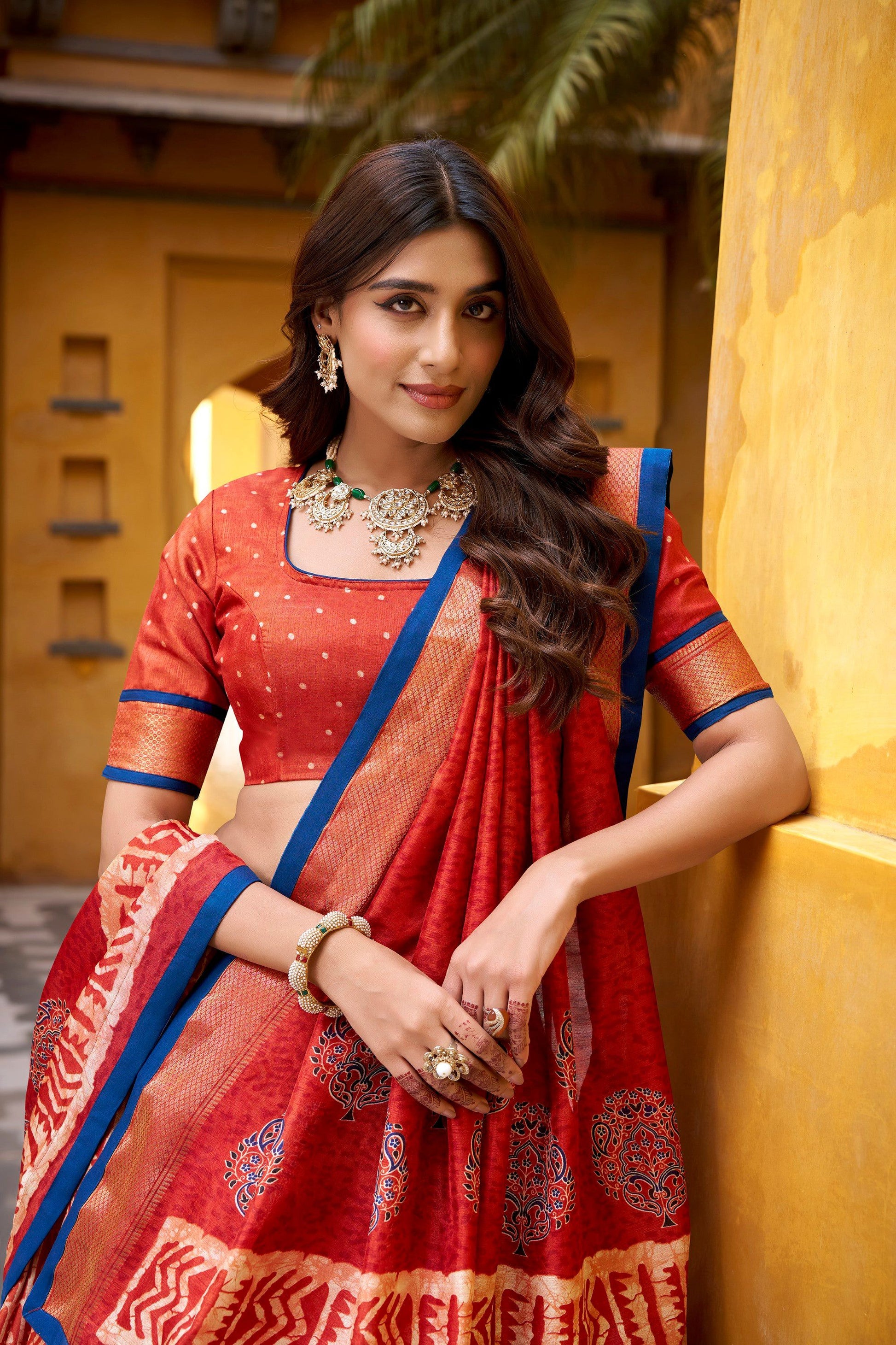 Lorenvalley Fashion Rust Dola Silk Batik Print with Zari Weaving Work Lehenga Choli with Dupatta 