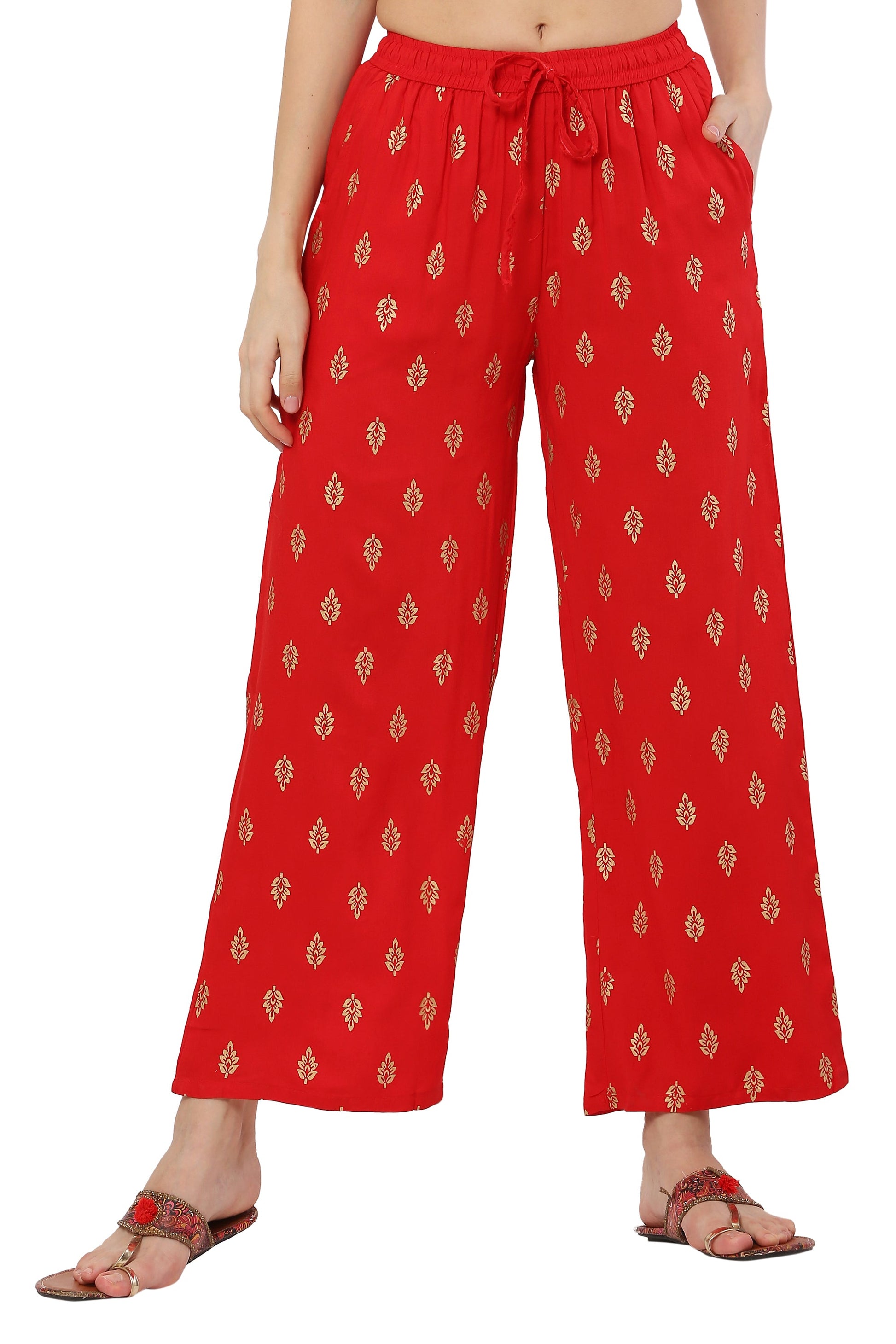 PAVONINE Red Color Full Golden Leaf Print Palazzo For Women Pant