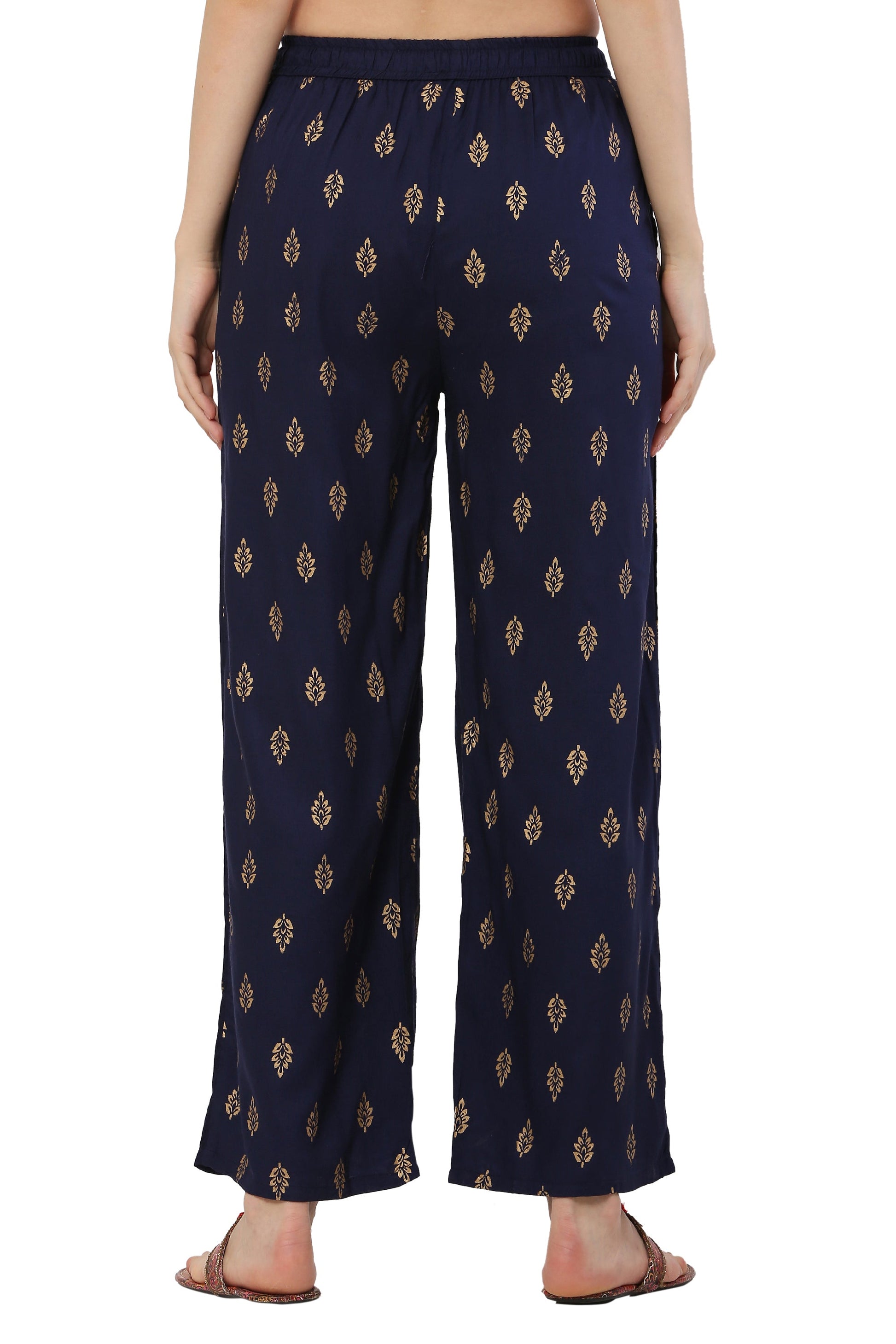 PAVONINE Navy Blue Color Full Golden Leaf Print Palazzo For Women Pant