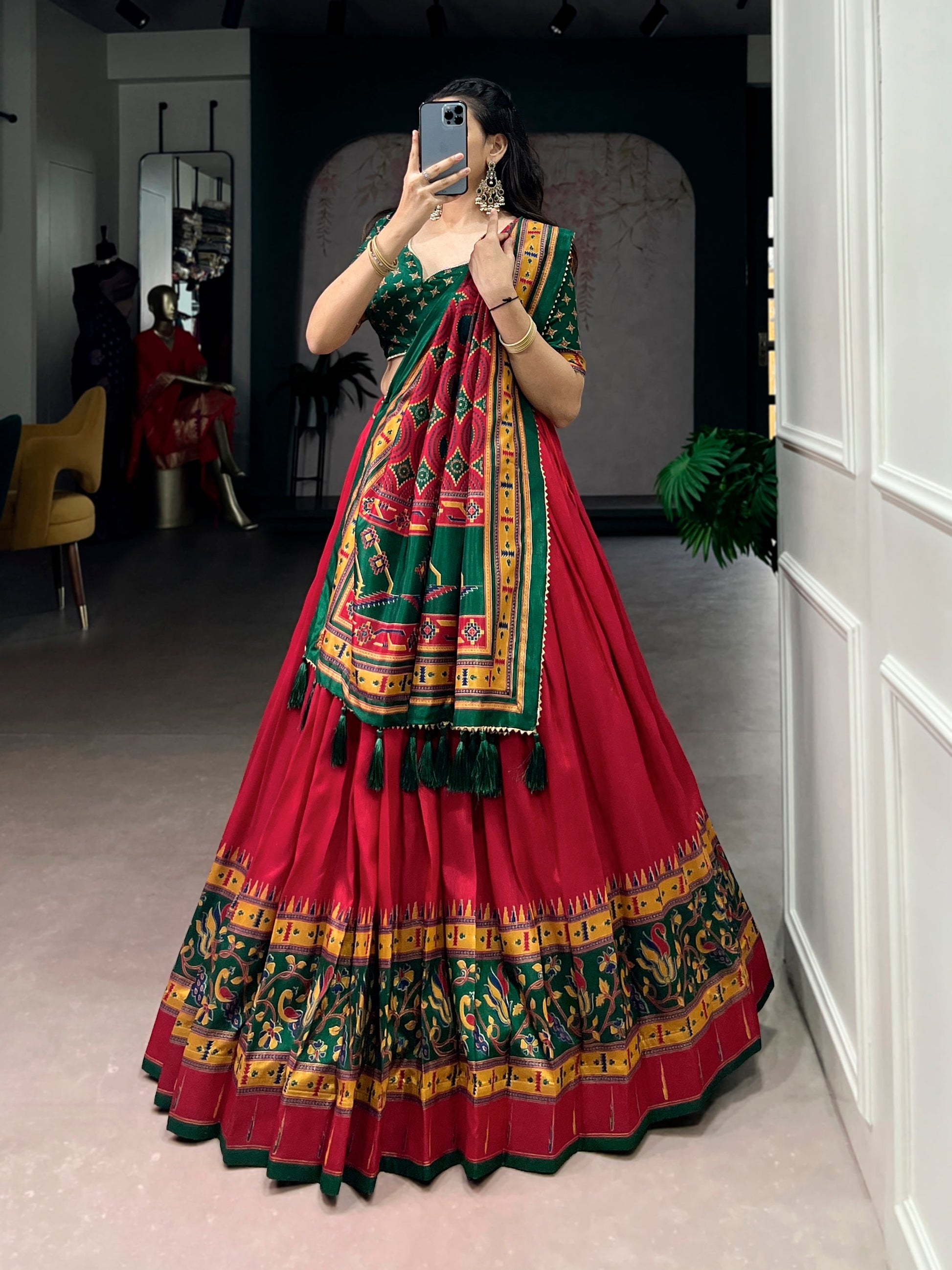 Lorenvalley Fashion Red Tasar SilkPrinted with Iconic Sparkle Lehenga Choli with Dupatta