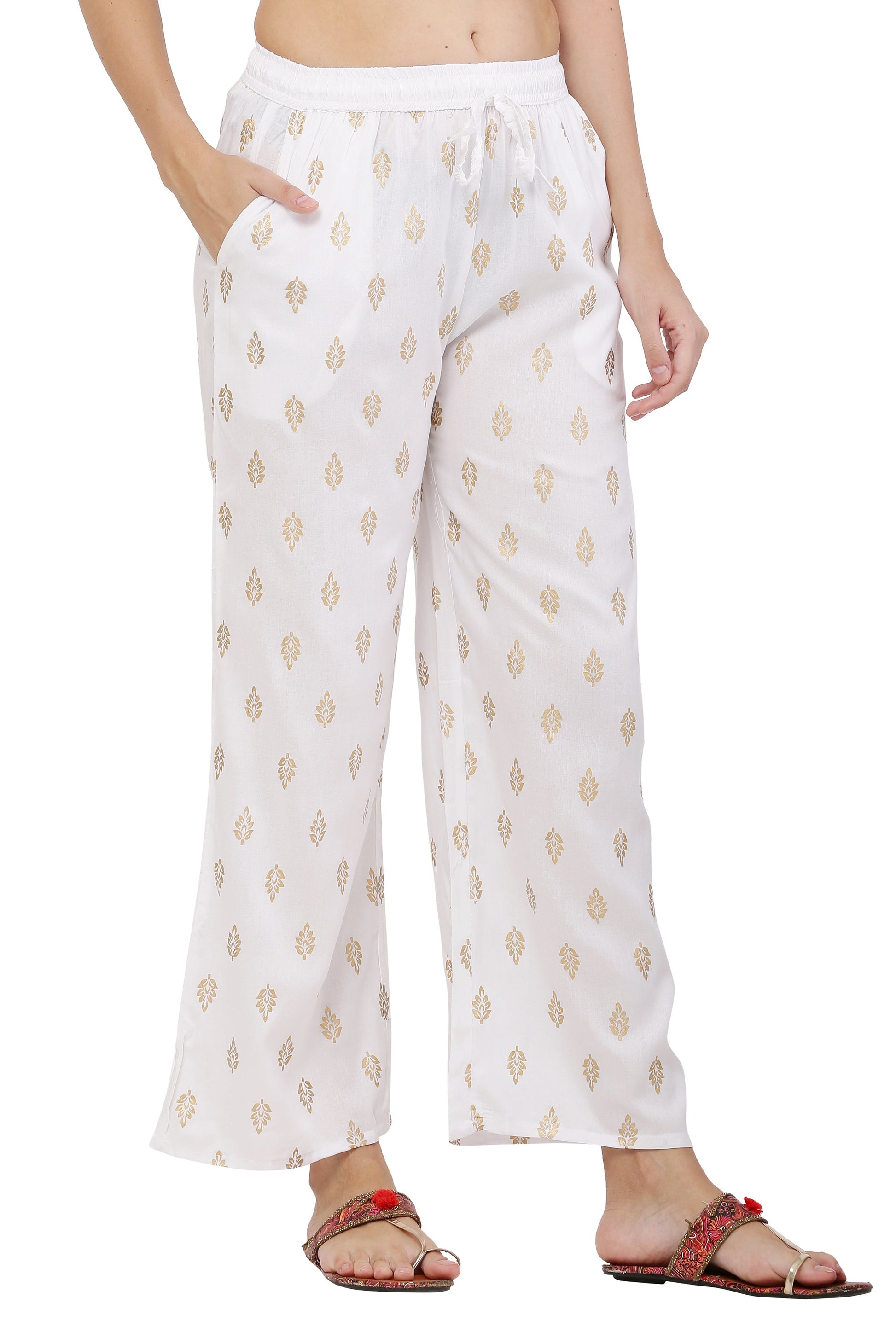 PAVONINE White Color Full Golden Leaf Print Palazzo For Women Pant