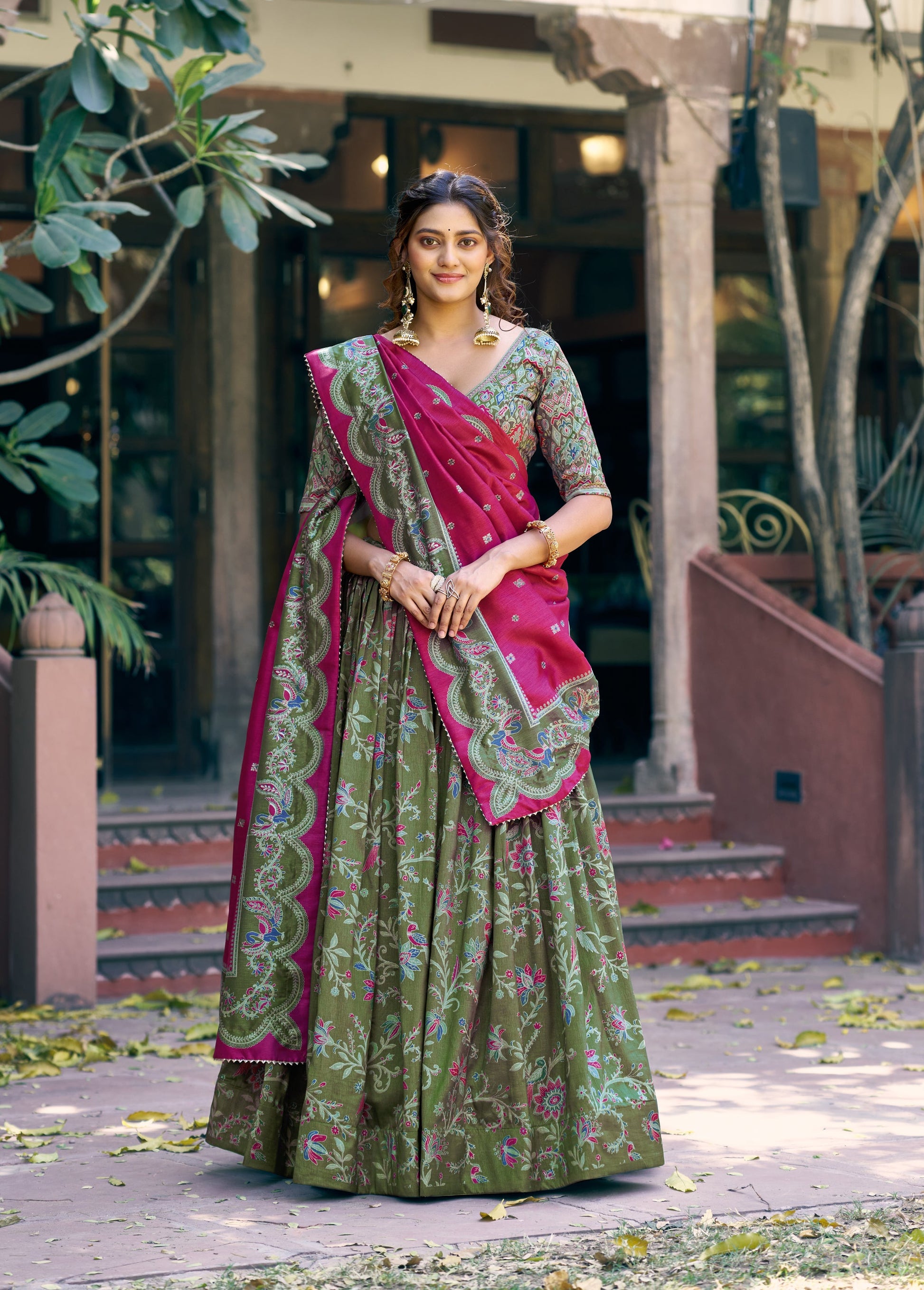 Lorenvalley Fashion Green Tasar Silk Gilded Motif Foil Printed Lehenga Choli with Dupatta