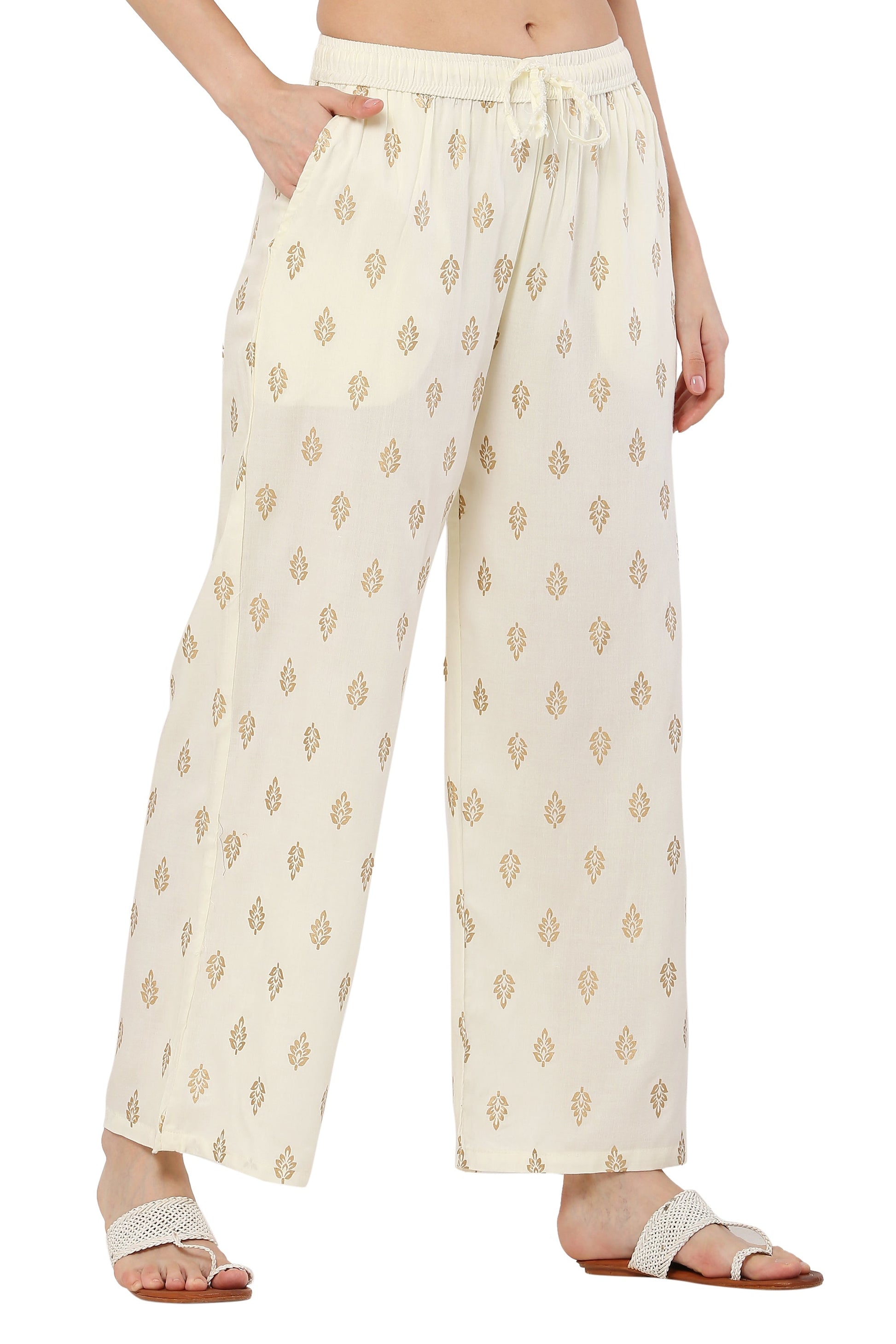 PAVONINE Off White Color Full Golden Leaf Print Palazzo For Women Pant