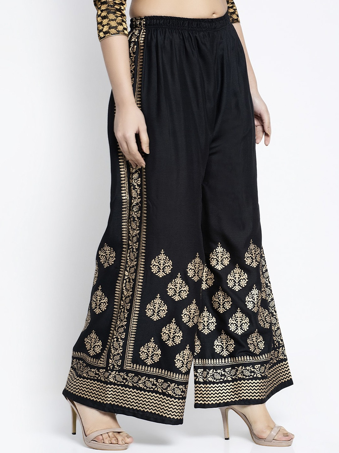 PAVONINE Black Color Block Side Printed Rayon Fabric Sharara For Women