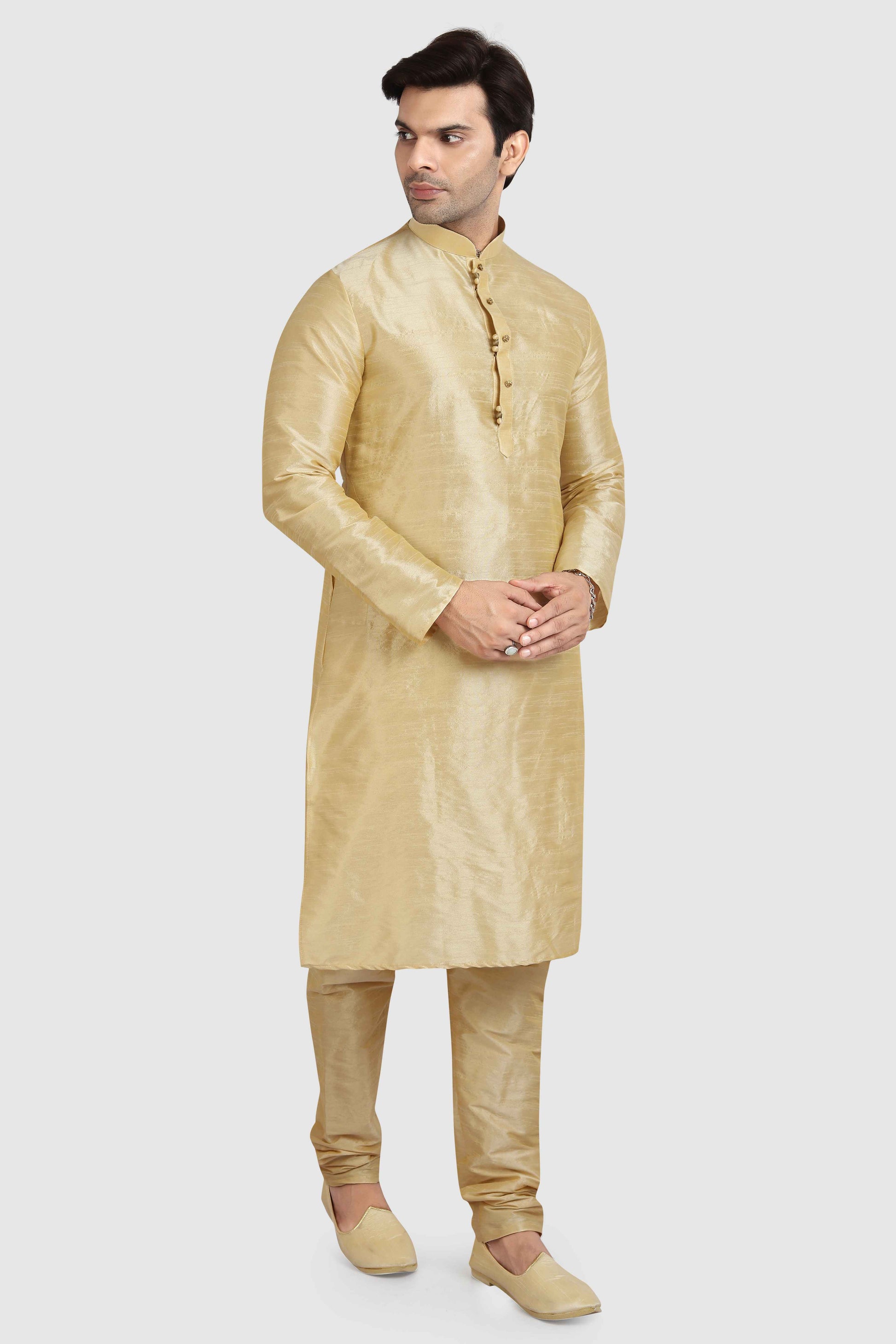Raivat Ethnic Art Silk Kurta Pajama In Gold Colour