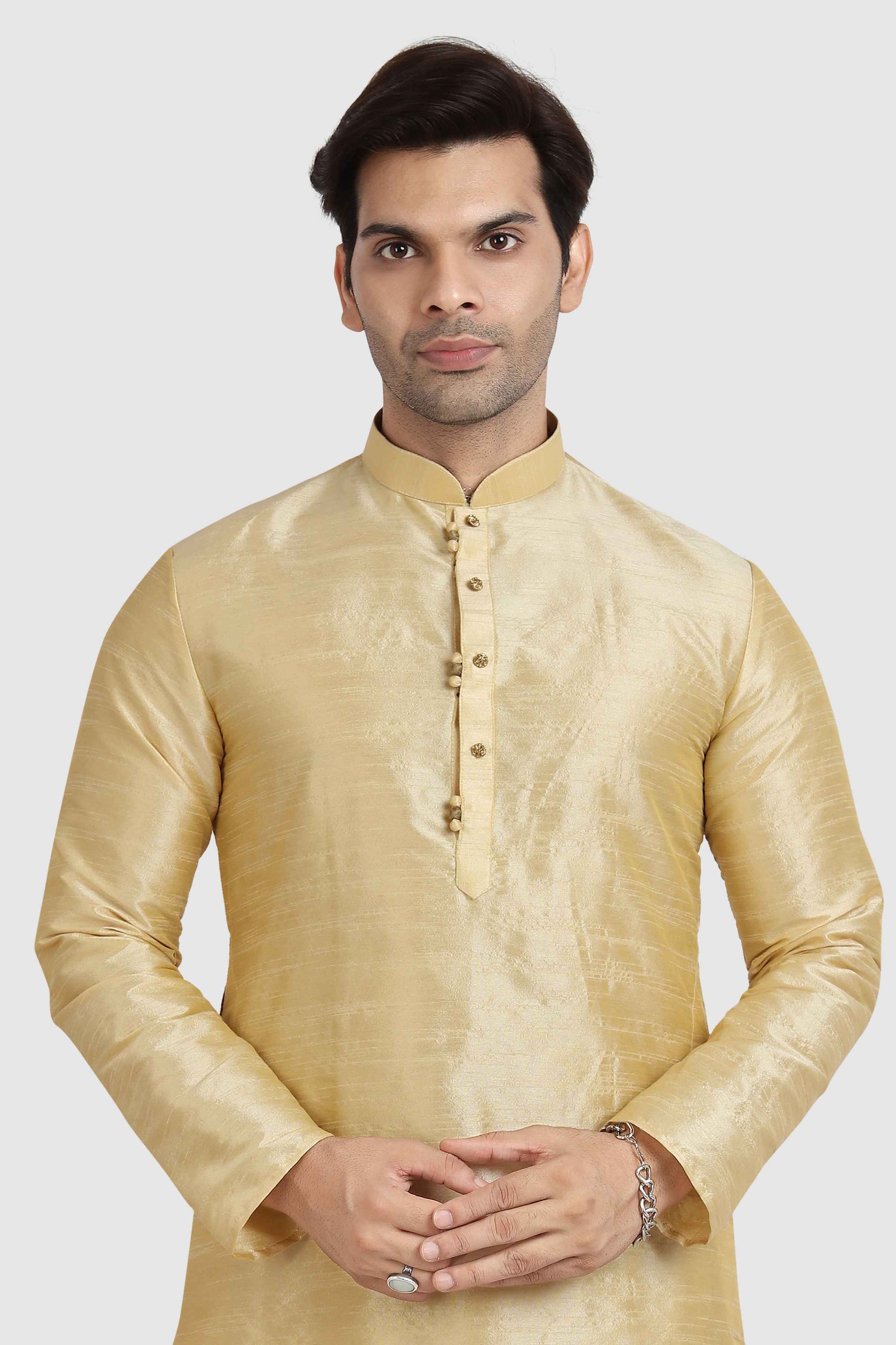 Raivat Ethnic Art Silk Kurta Pajama In Gold Colour