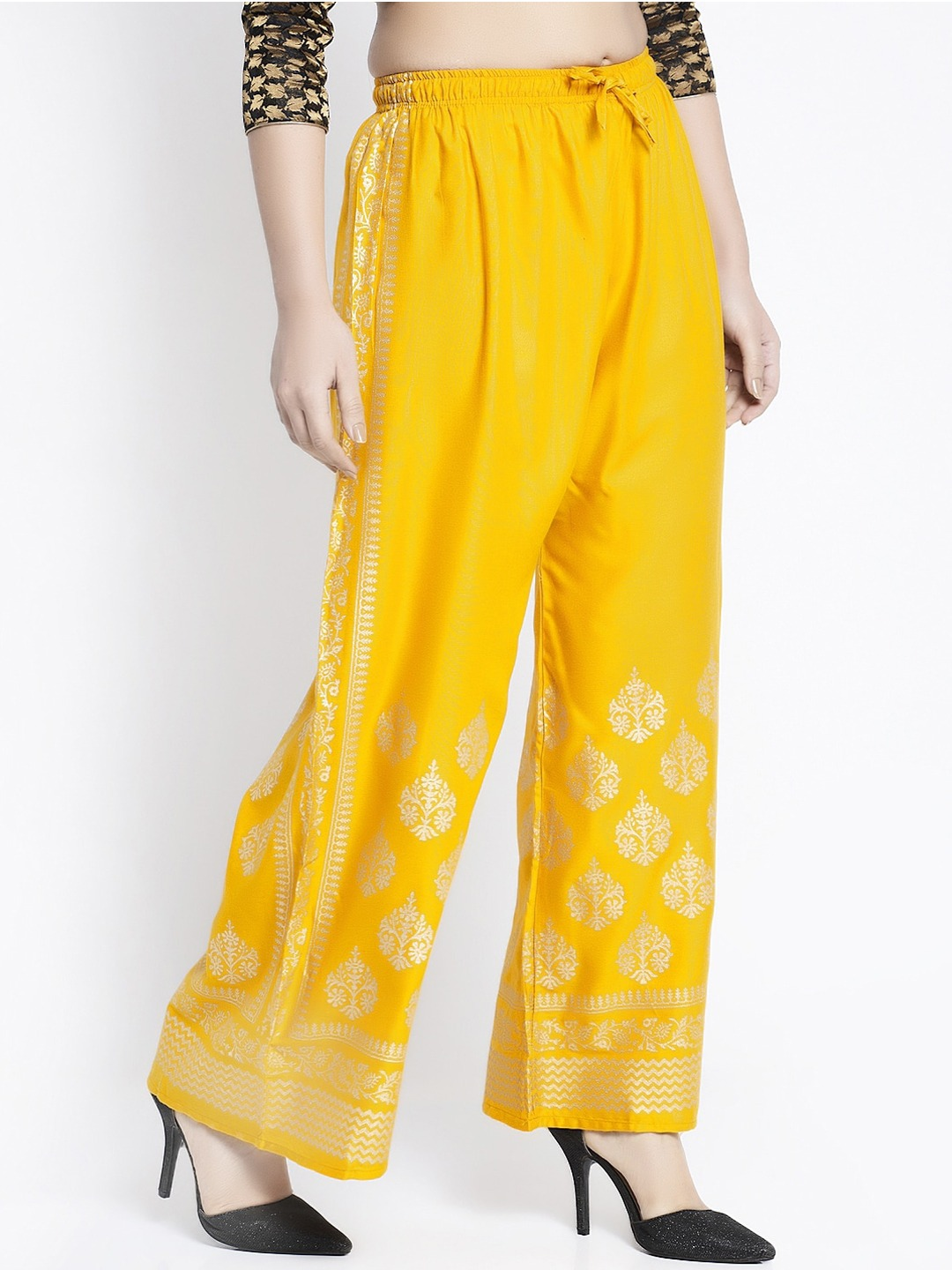 PAVONINE Mustard Color Block Side Printed Rayon Fabric Sharara For Women