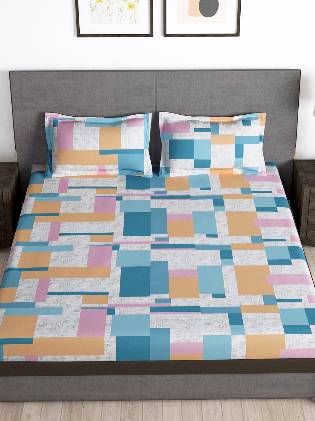 Story@home Arena Grey & White Printed 180 TC Bedsheet & Pillow Covers 